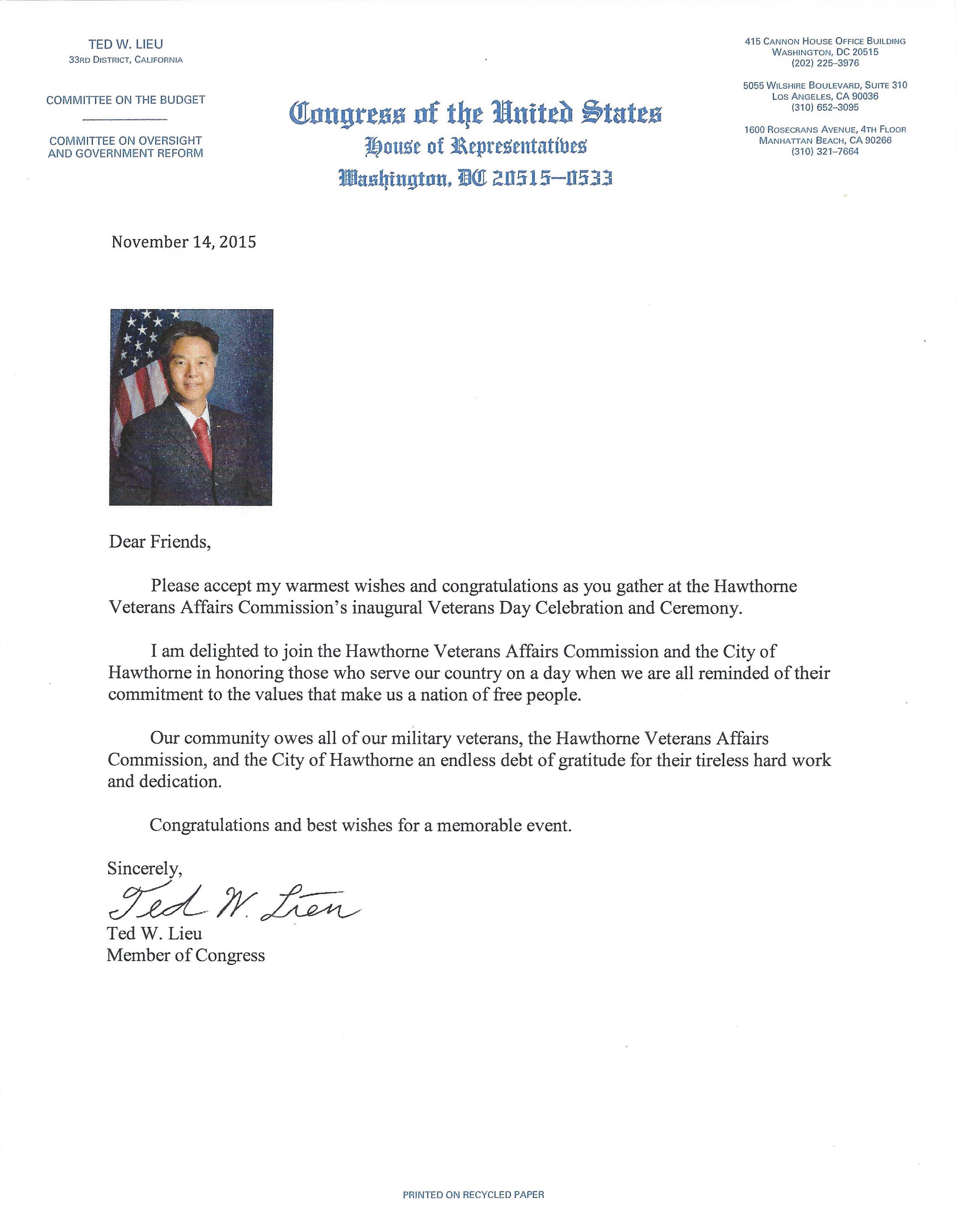 Congressman Ted Lieu letter