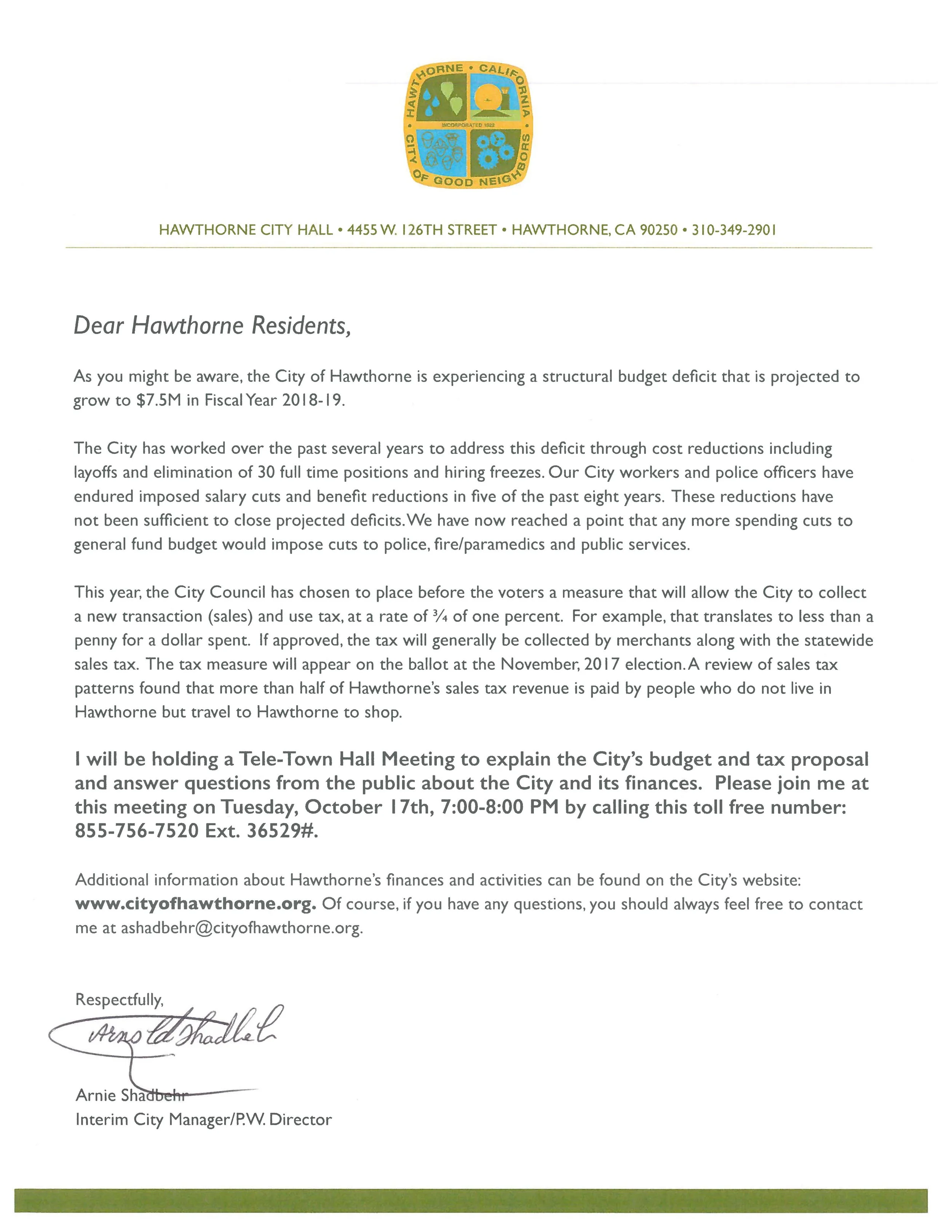 Letter to Residents