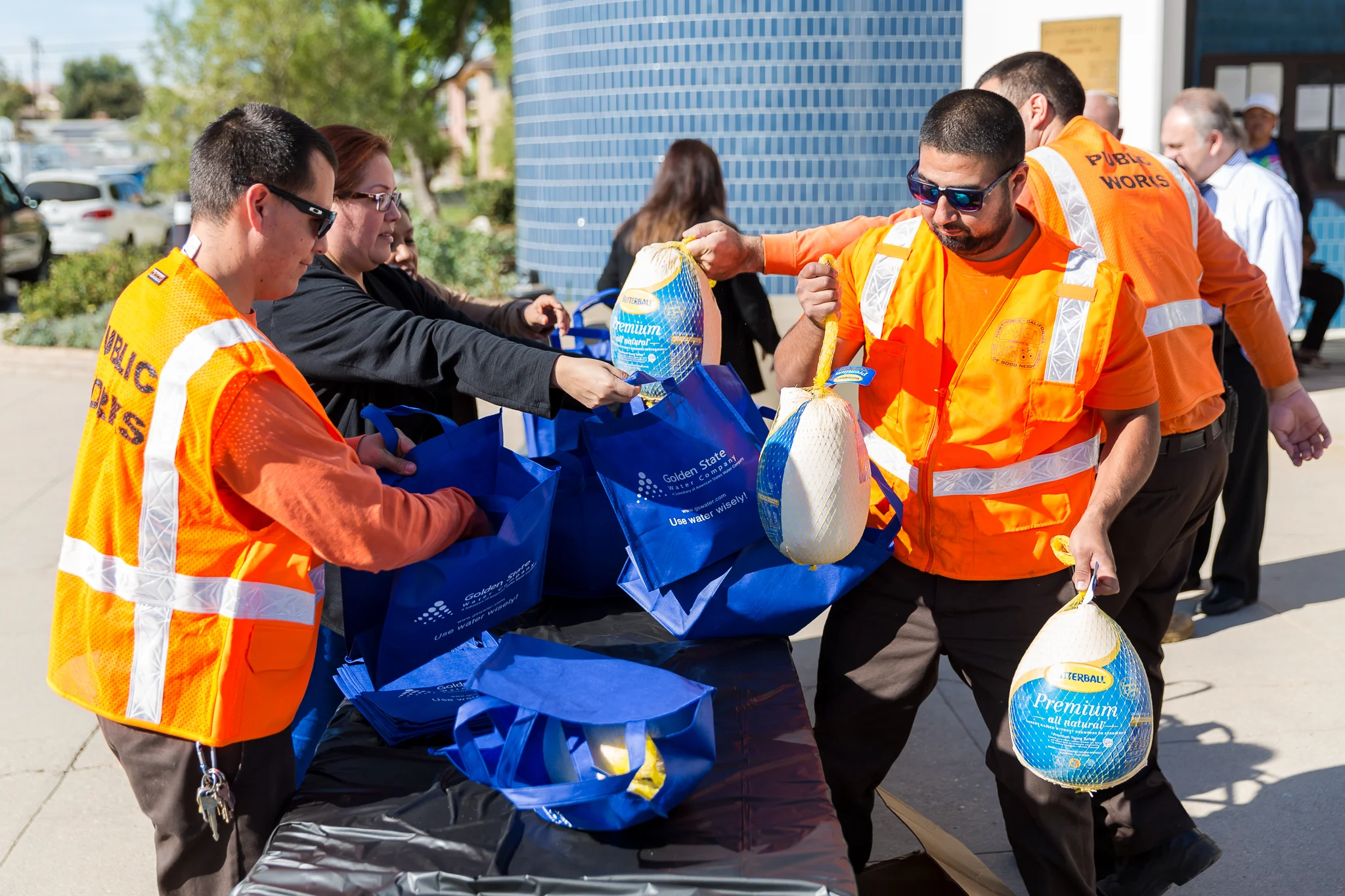 Public Works staff packing turkeys