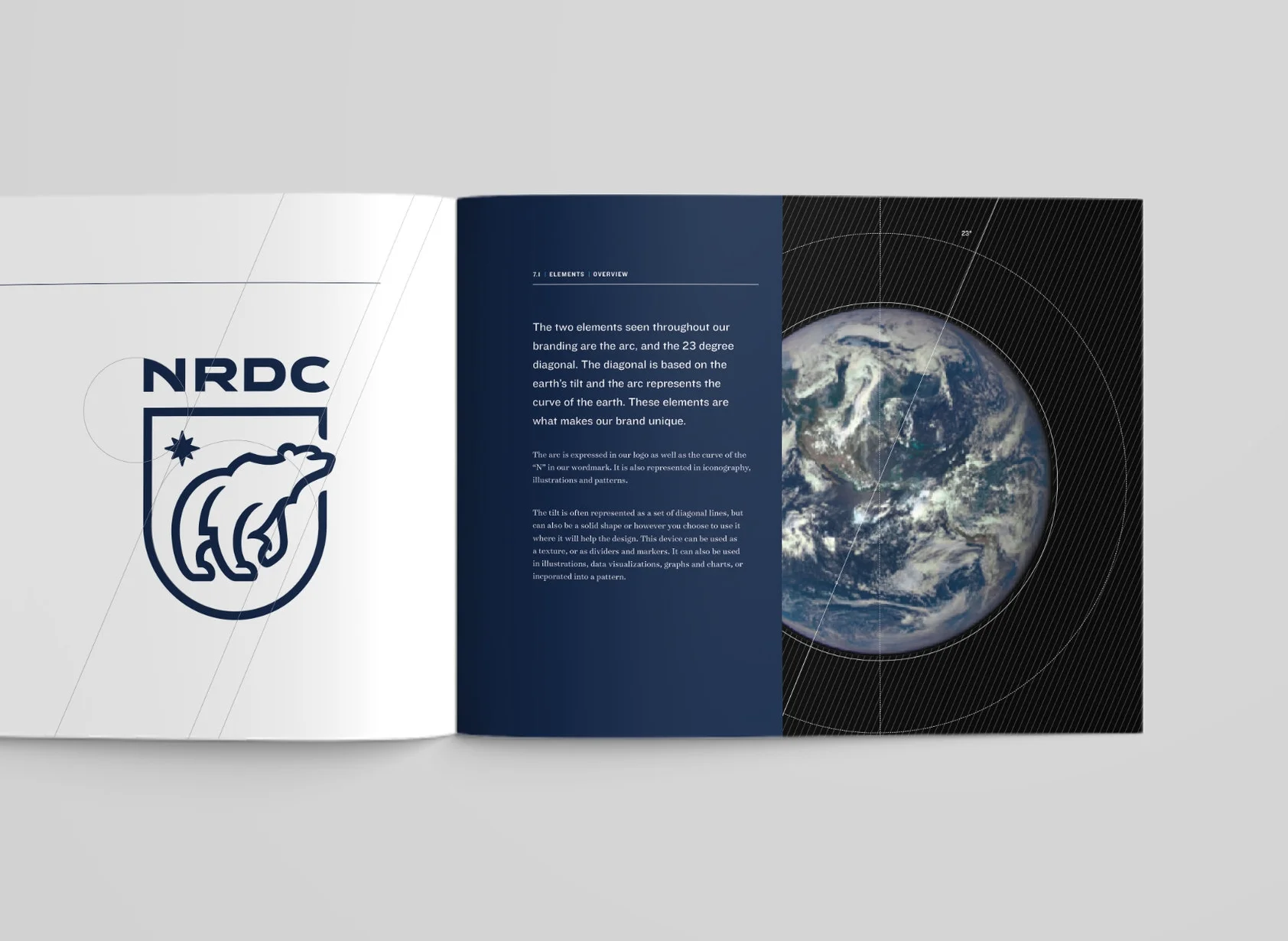 Elements of the logo mirror the shape and tilt of the earth