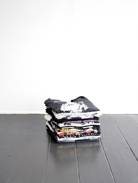   Say Your Prayers   2019  Enamel Paint and Dirt on Cloth, Cotton T-Shirts  Dimensions Variable 