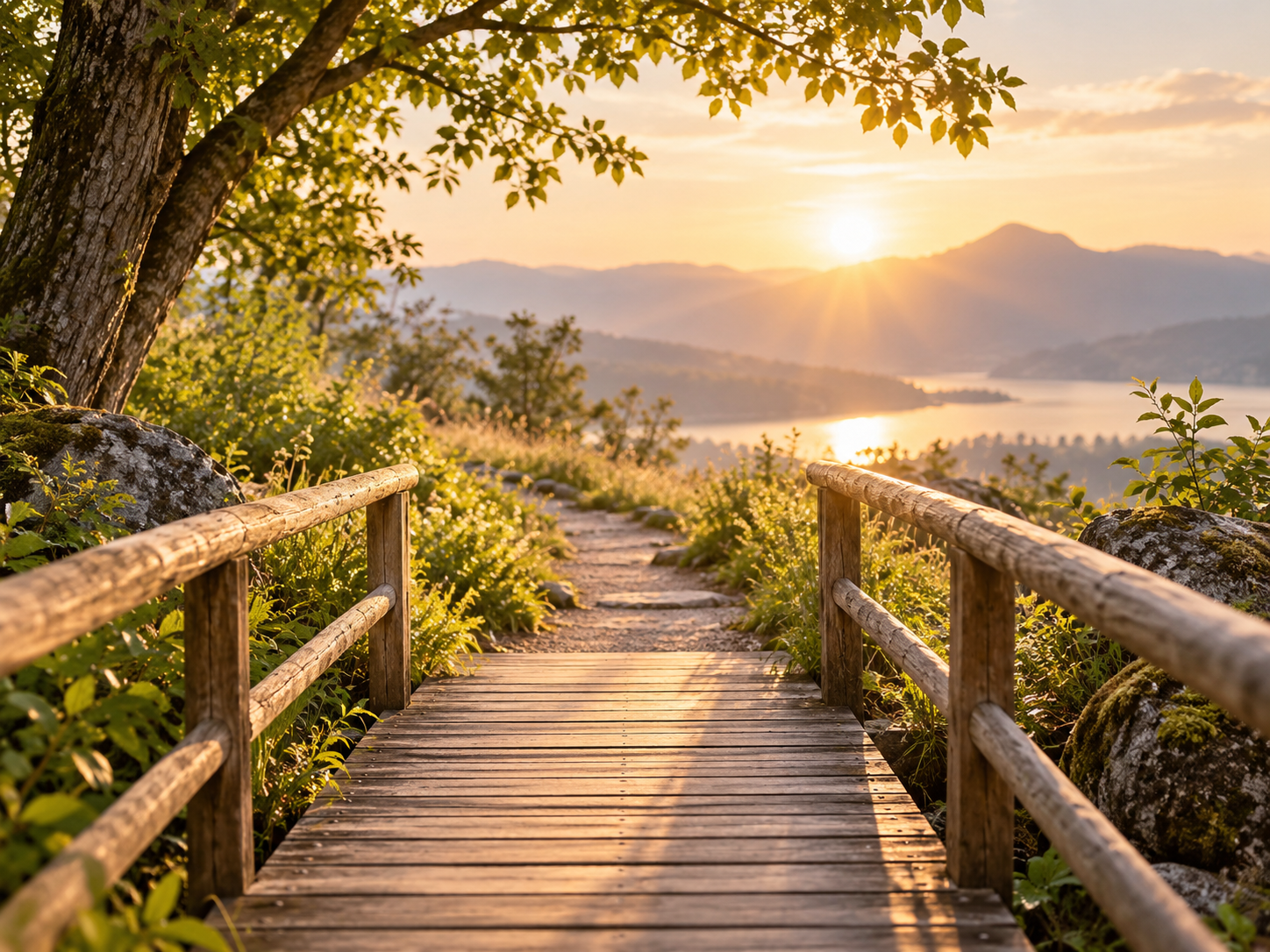 Holzsteg führt durch eine warme Naturlandschaft in Richtung Sonnenuntergang.