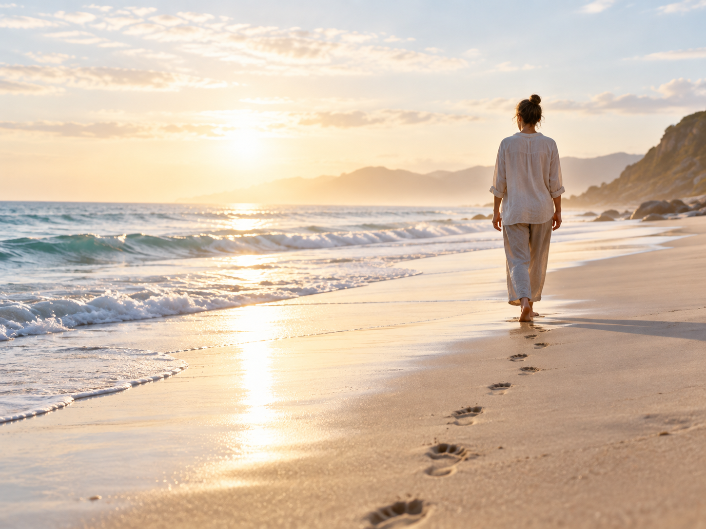 Person geht bei Sonnenuntergang am Strand entlang und hinterlässt Fußspuren im Sand.