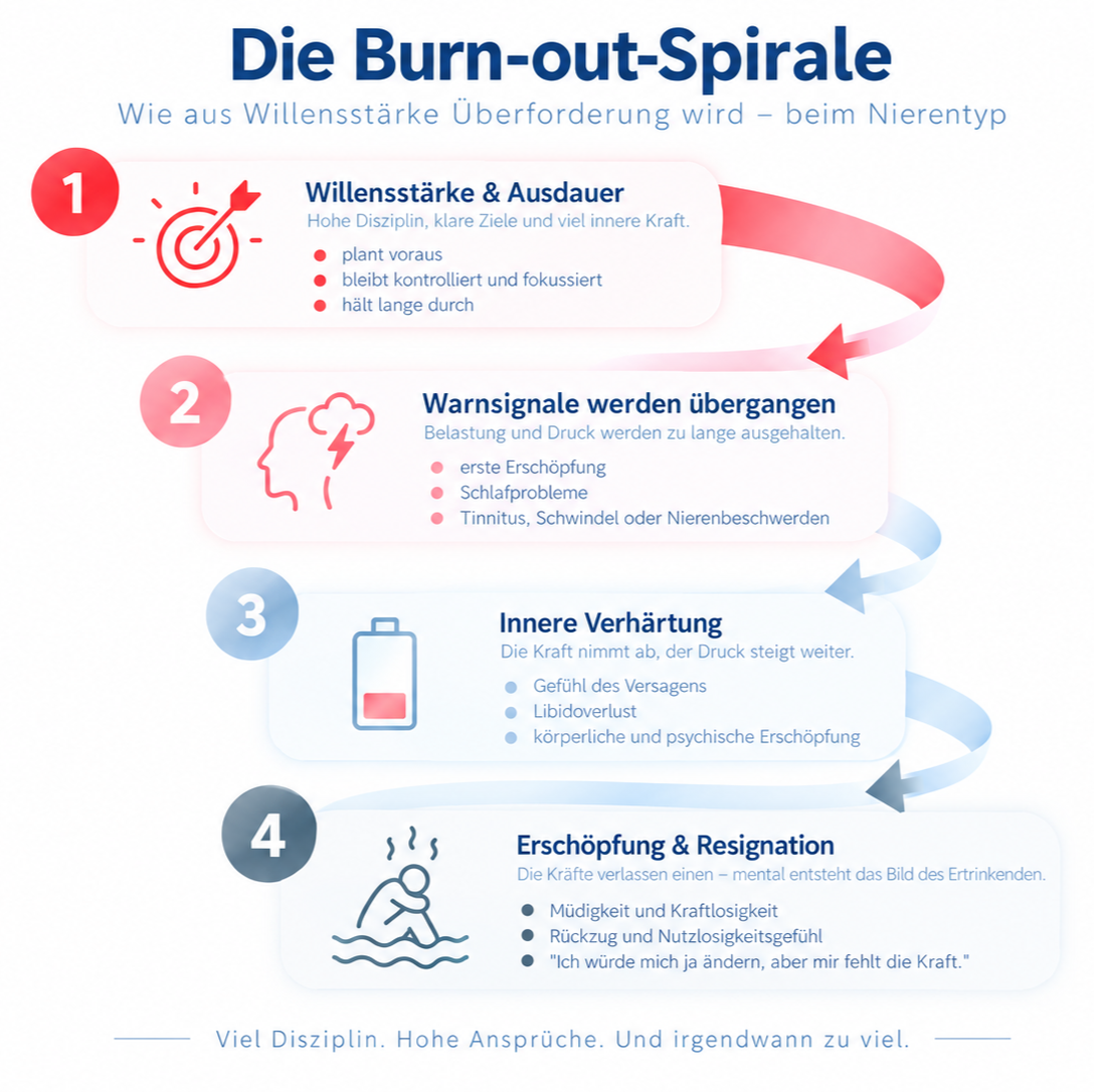 „Burn-out-Spirale beim Nierentyp: hohe Ansprüche und starke Willenskraft führen über übergangene Warnsignale und Kraftverlust zu Erschöpfung und Resignation.“