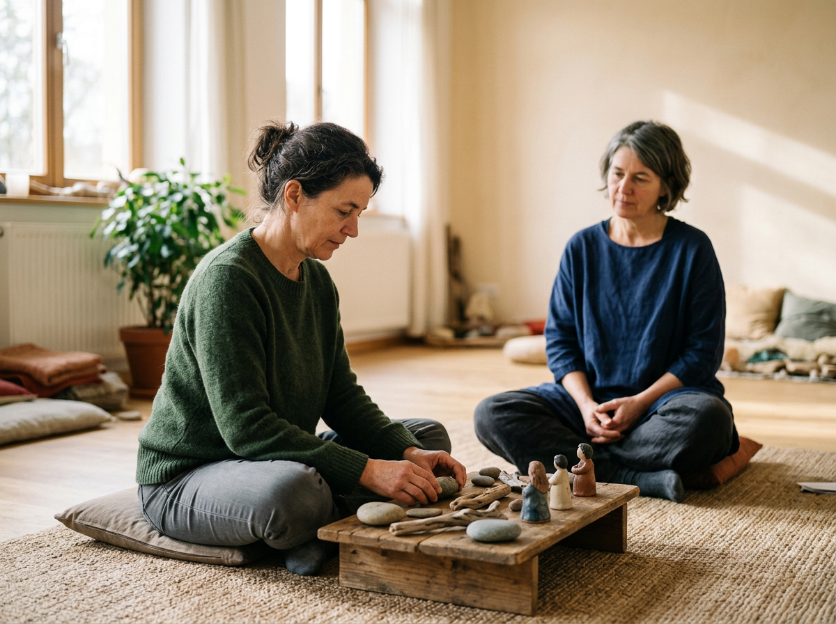 Zwei Frauen sitzen sich bei einer schamanisch inspirierten Aufstellung mit symbolischen Gegenständen gegenüber.