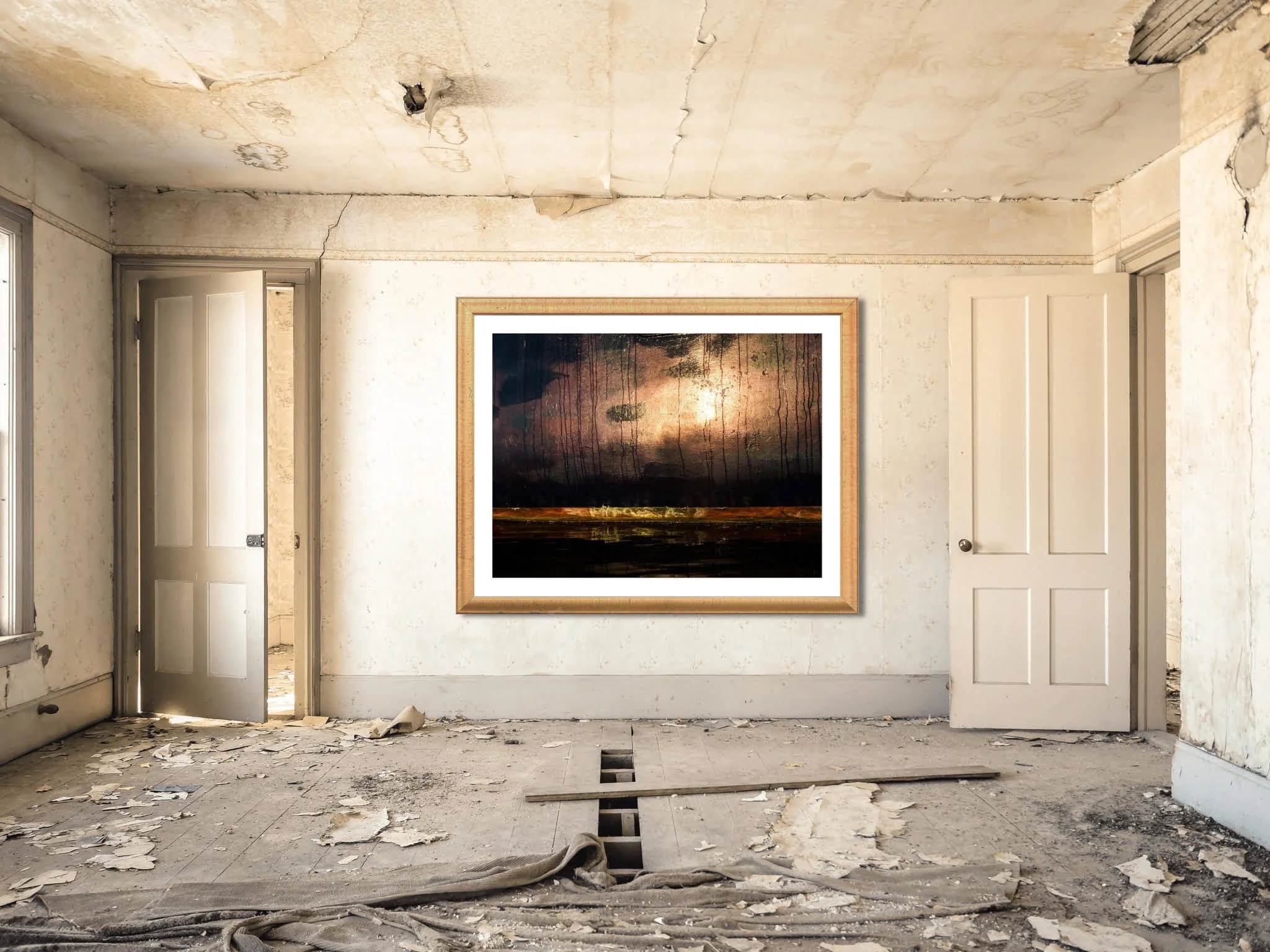 An abandoned, dilapidated room with peeling paint on walls and ceiling, debris on the floor, and a framed painting of a dark, stormy sky hanging on the wall.