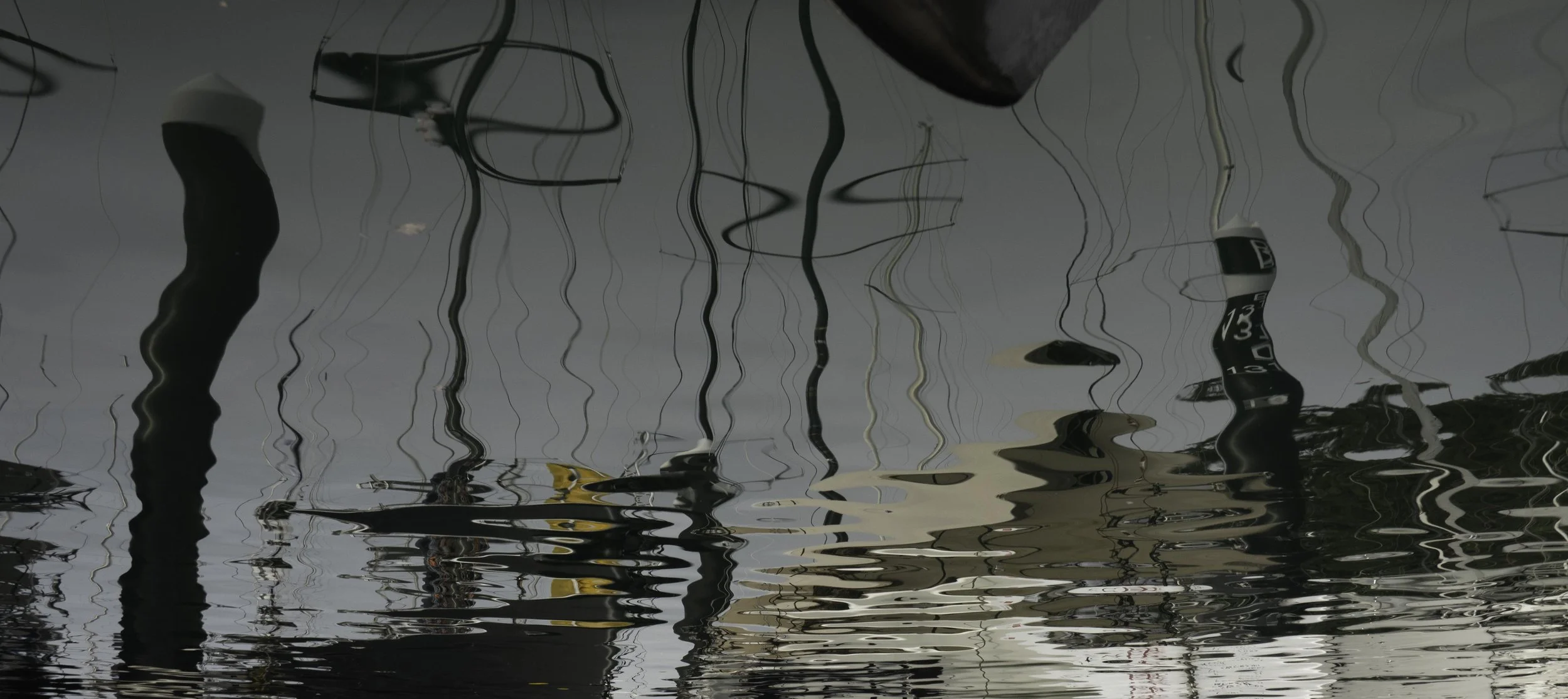 Kandinsee by Ralph Kerle — abstract water reflection art with vertical figure and wavering lines, evoking Kandinsky, Matisse and Dalí.
