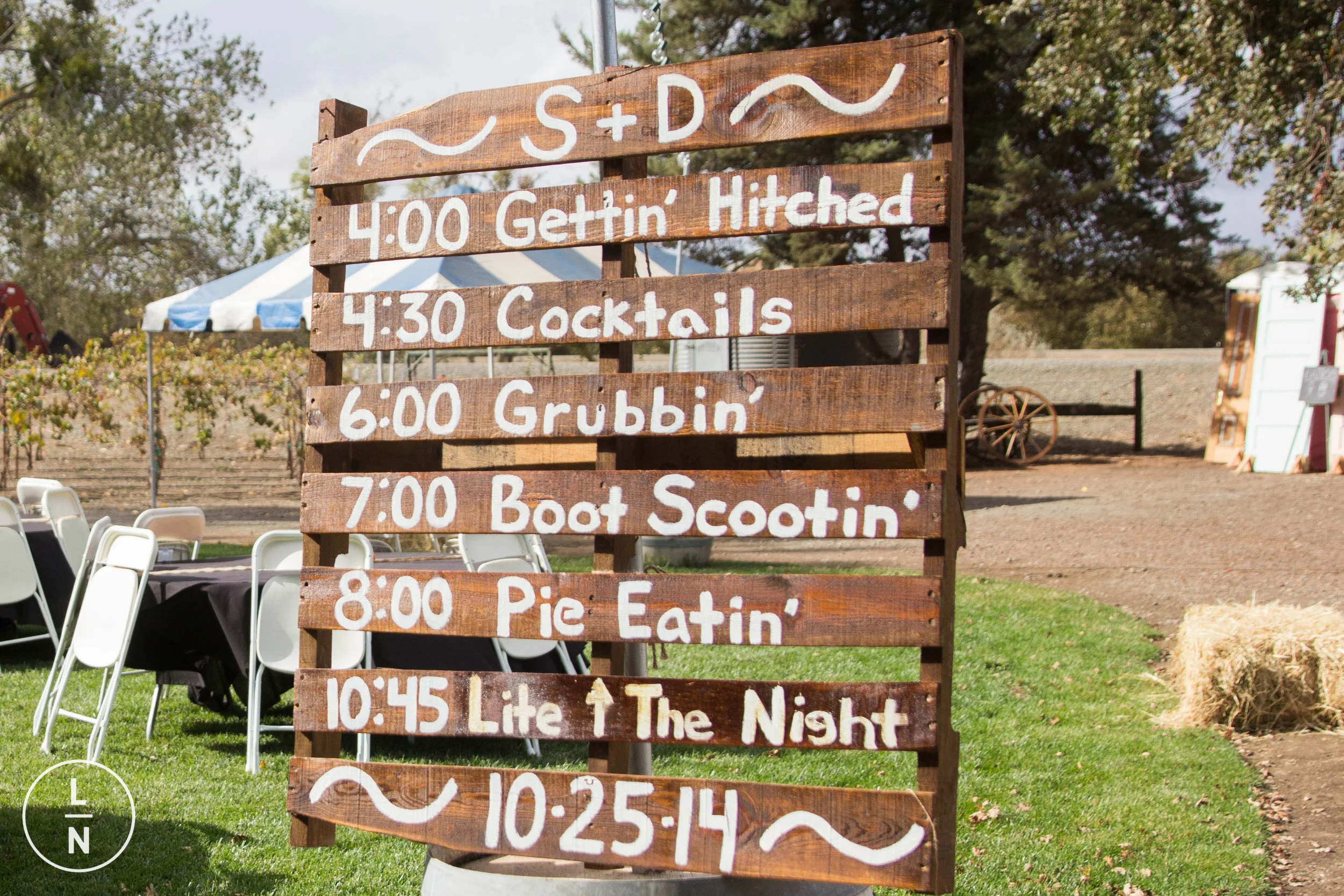 What a creative use for a palette. It has been stained and hand painted with the schedule of the day's events!