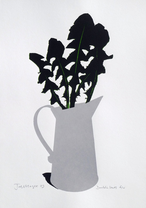 Dandelion Leaves Date printed 2009 Price: £225 Print type Silk Screen Print Number in edition 25 Colours: 3 Paper type Malago (by Arboreta). Off white. 320g/m2 Paper size SRA2 (640x450mm) Signed By artist in pencil Production information: Hand printed