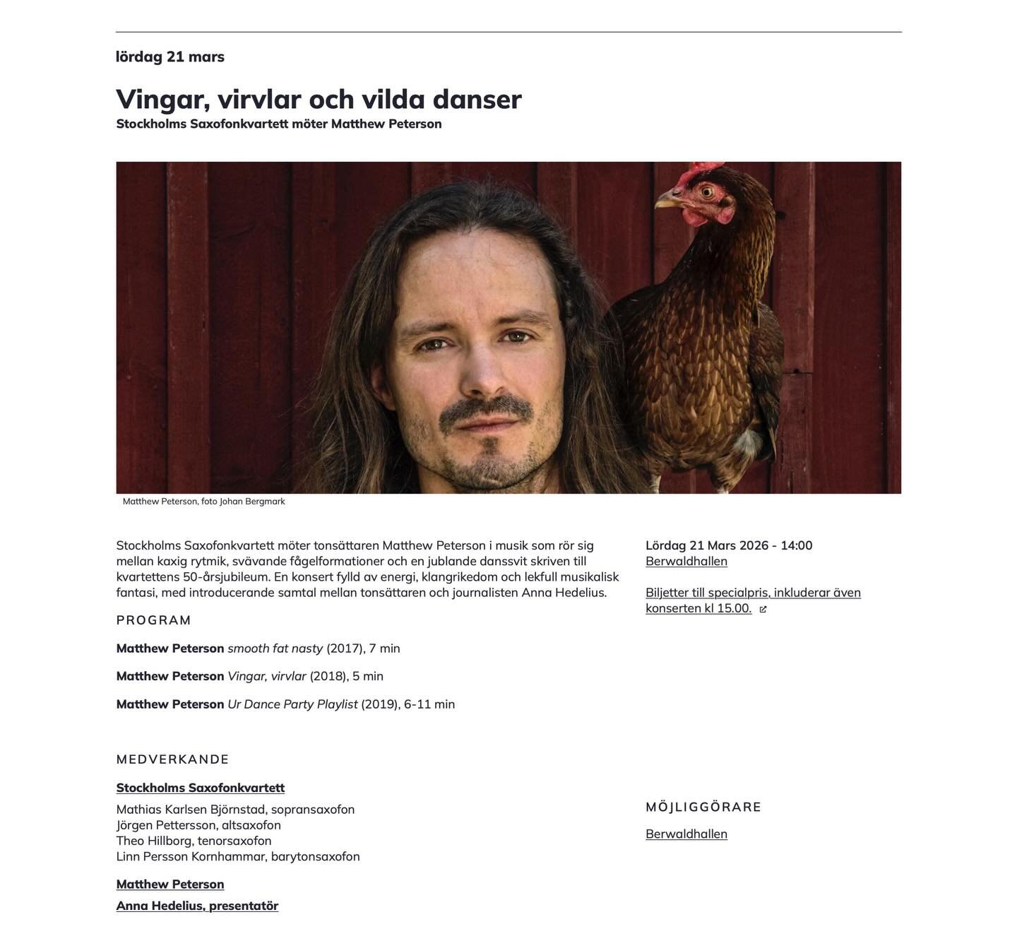 Svensk Musikv&aring;r 2026 @svenskmusikvar ! S&aring; stolt att vara en del av programmet med tv&aring; konserter l&ouml;rdag 21 mars p&aring; Berwaldhallen. Kl 14 spelar b&auml;sta @stockholmsaxophonequartet utvalda verk och kl 15 uruppf&ouml;randet