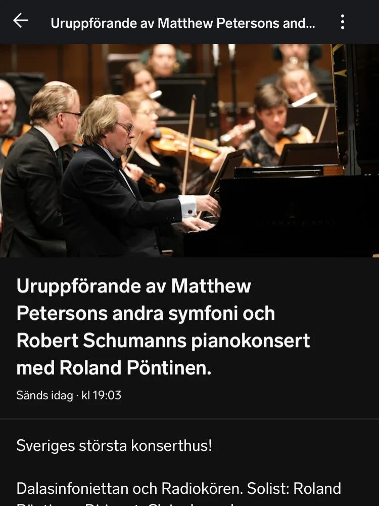 Ikv&auml;ll fredag kl 19.03 p&aring; Konsert i P2 kan man lyssna p&aring; min andra symfoni The Wanderers med Radiok&ouml;ren, Dalasinfoniettan och Claire Levacher i Sveriges Radios inspelning fr&aring;n uruppf&ouml;randet p&aring; Berwaldhallen i l&