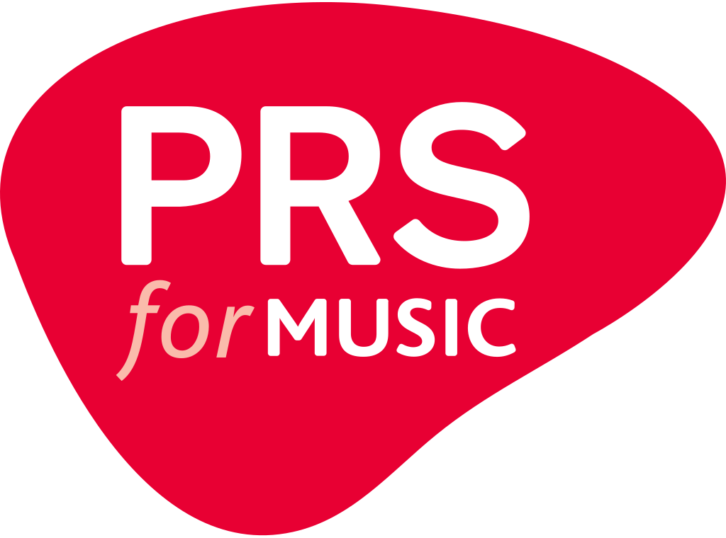 Red guitar pick-shaped logo with the text "PRS for MUSIC" in white and light pink