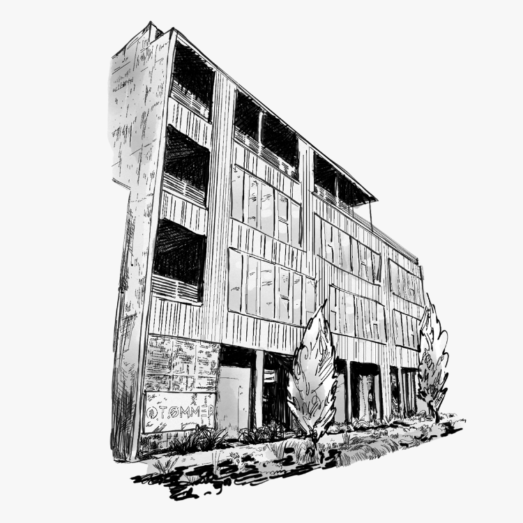 A pencil sketch of the four story Tommer building in Ballard