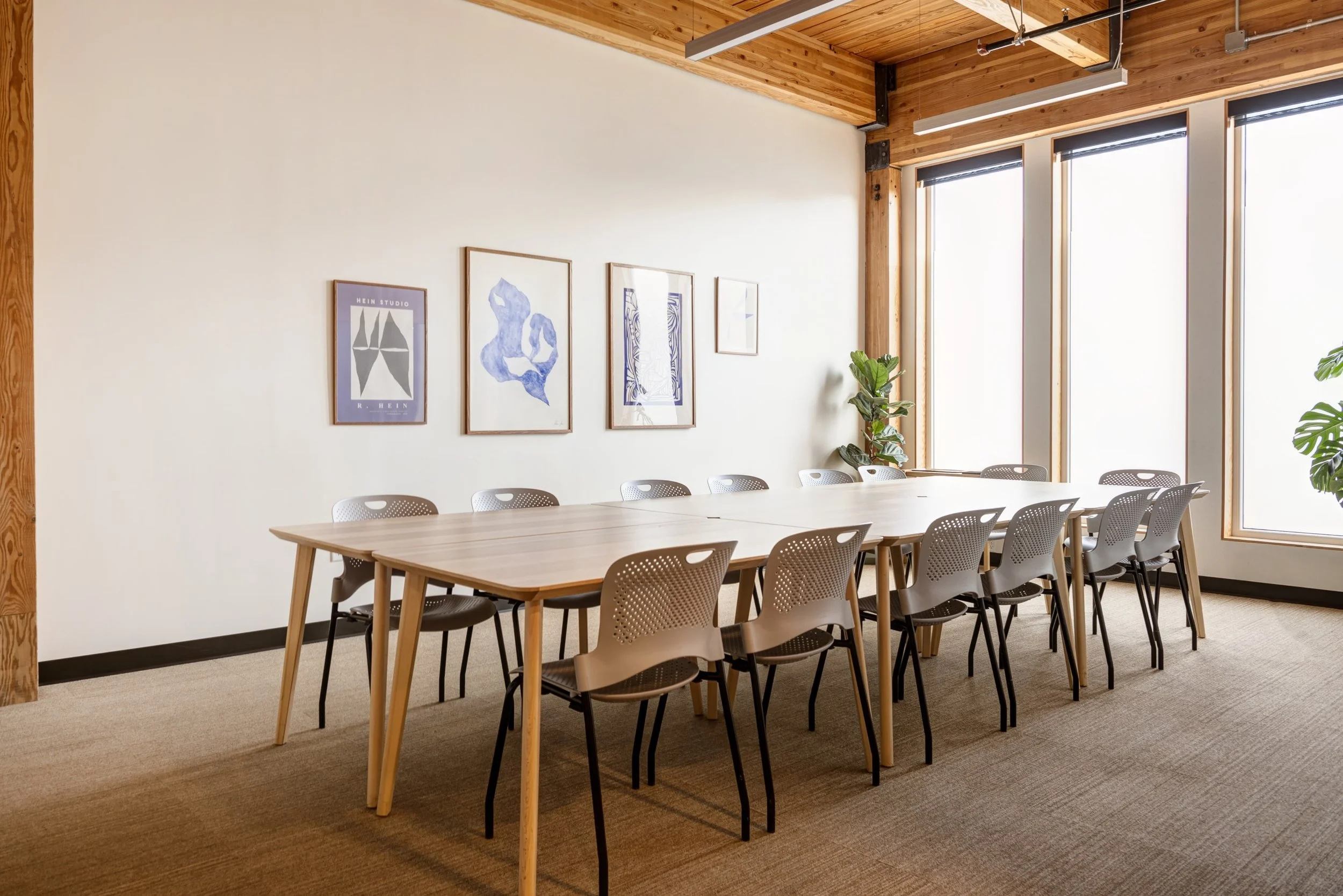 A sunny board room with modern art
