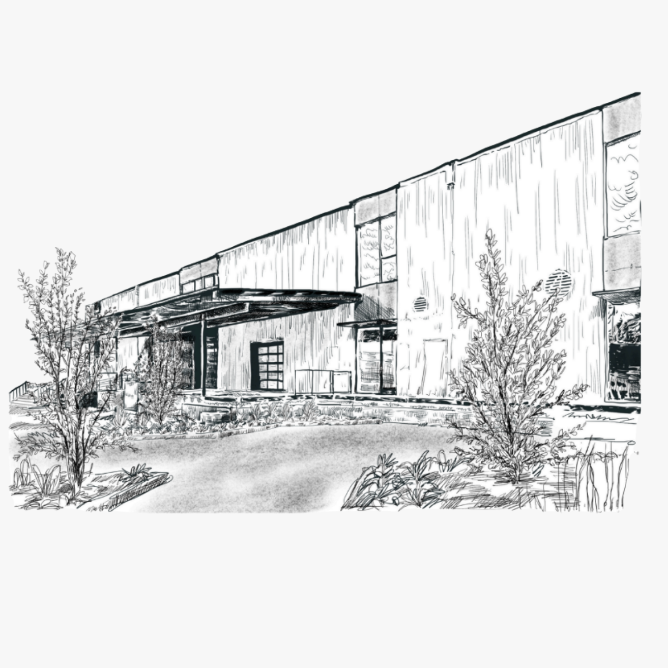 A pencil sketch of a modern warehouse