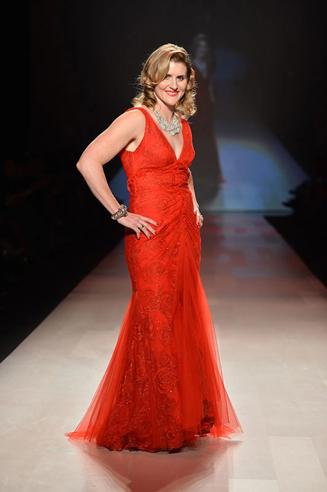 Hayley Wickenheiser in our Eternity gown in red for the Heart and Stroke Foundation Fashion Show
