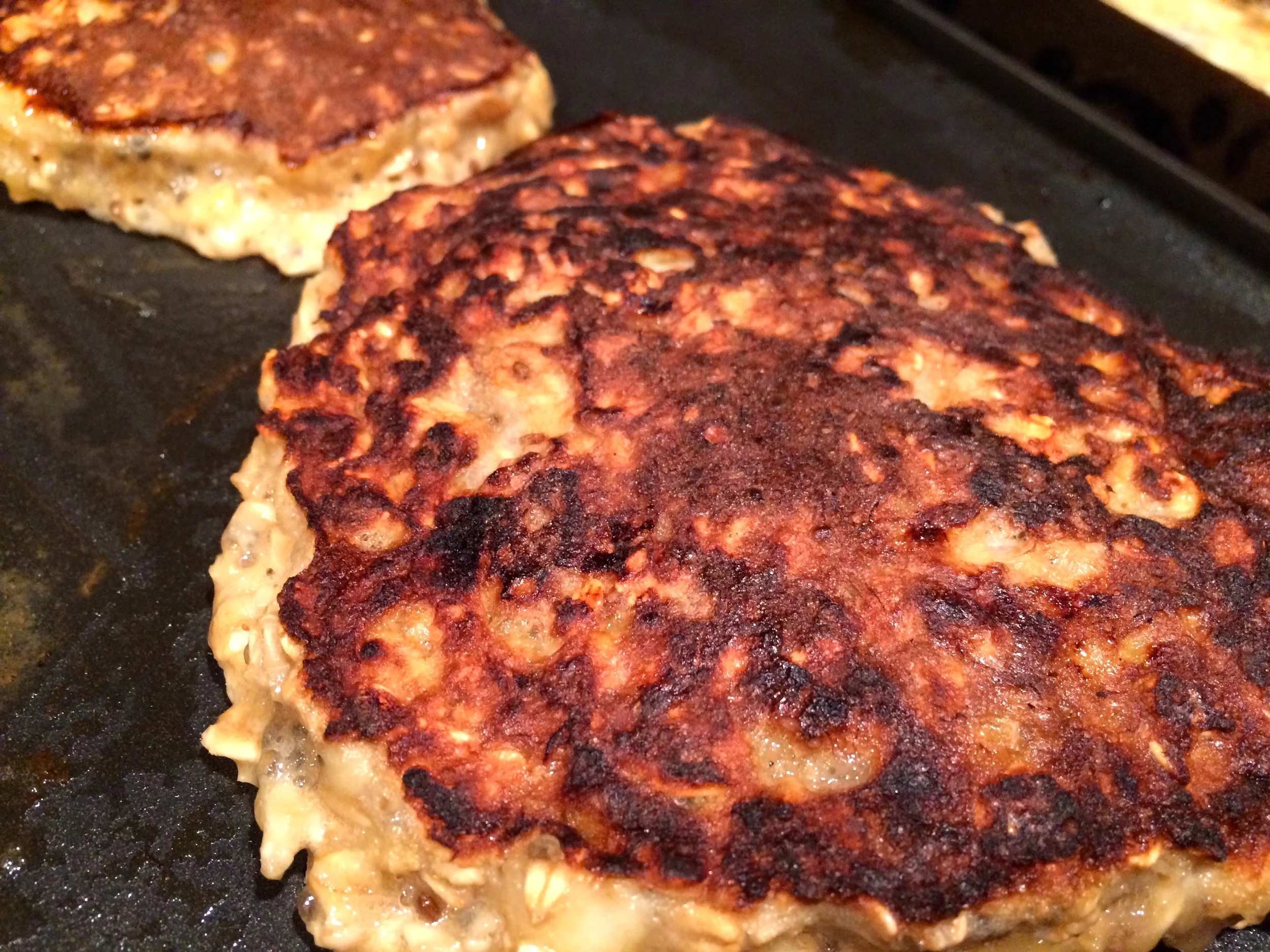 The easiest pancakes you'll EVER make: 1 banana (mashed), 1 egg, 1/2 cup old fashioned oats, splash of vanilla, and a splash of (almond) milk; mix well in a bowl; heat griddle on low-medium heat and cook pancakes until no longer liquid on the inside; high protein, high fiber, low effort!
