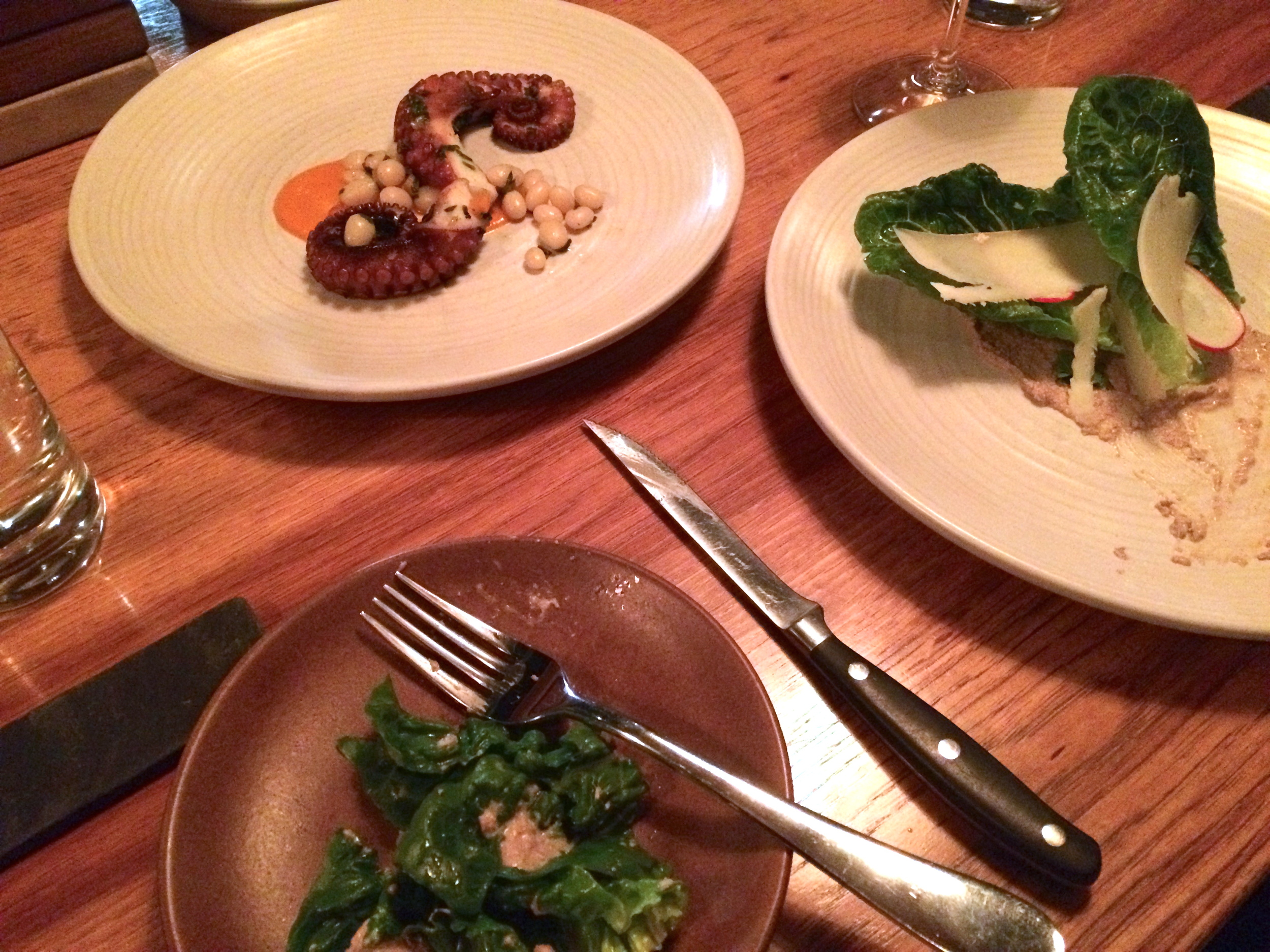 Unbelievably spoiled and grateful to have eaten at The Hen of the Wood in Burlington, VT. This was only a portion of the meal: grilled octopus, romaine salad with sheep's milk pecorino, radishes, and a walnut vinaigrette. If you have the chance to go, GO!
