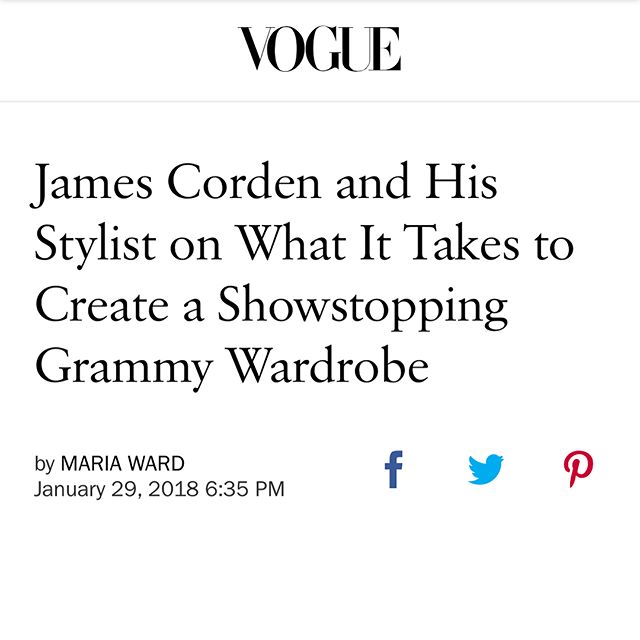 Congratulations to stylist @mjonf and 7B tailor @jennybaroni for you profile in Vogue!!!!!! We are so proud of you both for pulling off James Corden&rsquo;s epic Grammy host wardrobe! ✂️ Link in Bio to read this great behind the seams article.