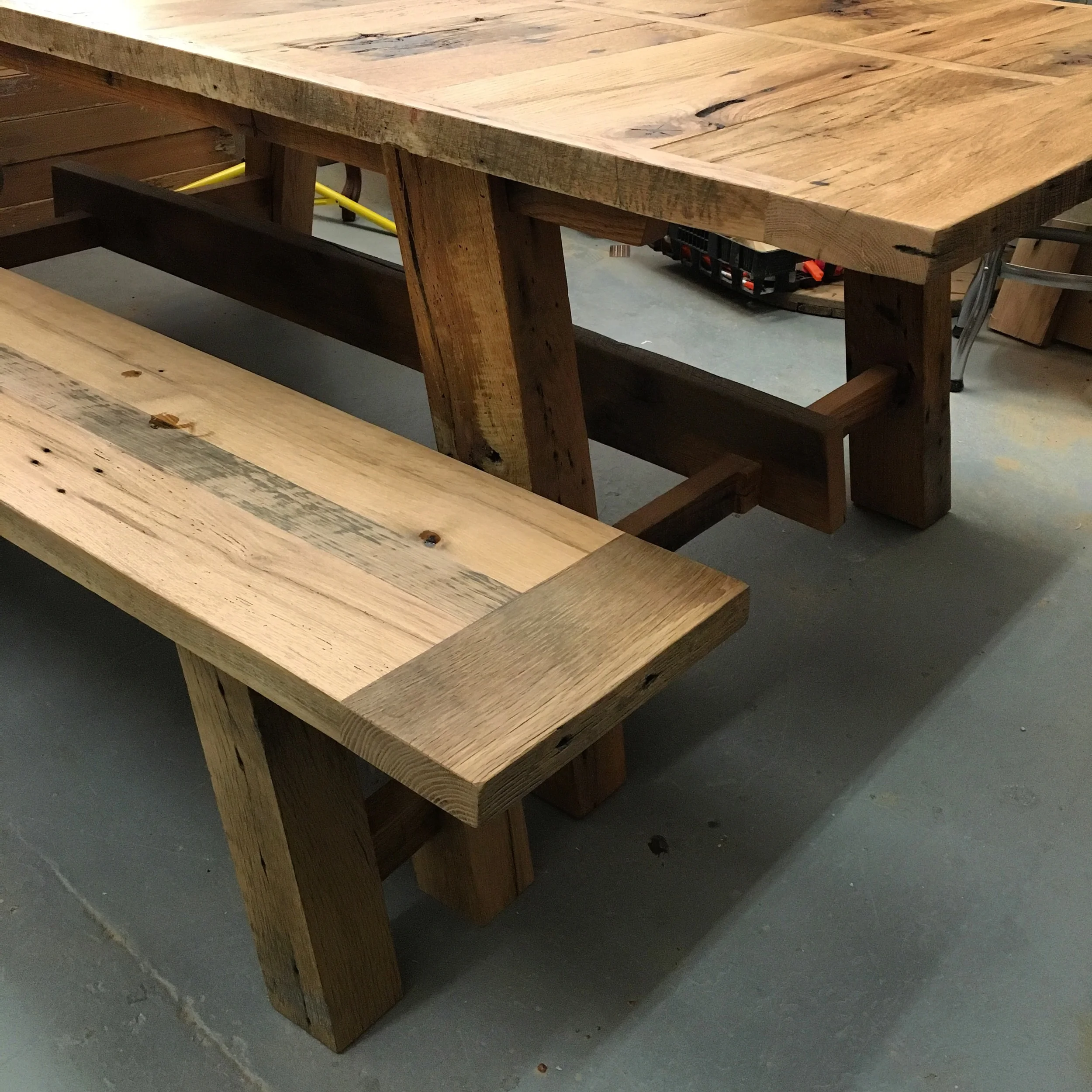 Reclaimed white oak table and bench