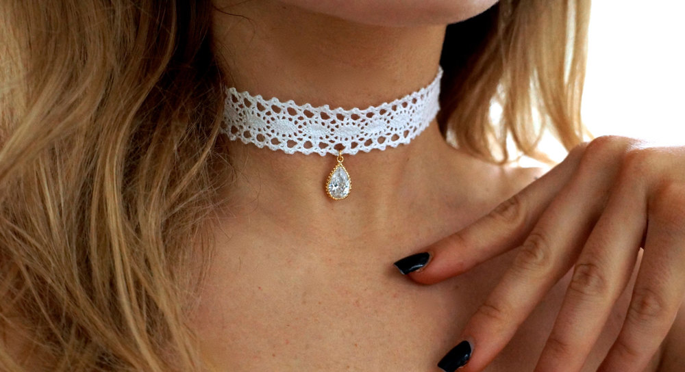 Victorian White Lace Choker w/ Vintage Crystal — By Sofia