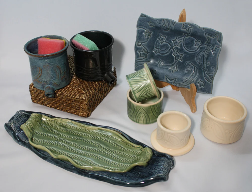 Sink pots, plates, french butter dishes and platters