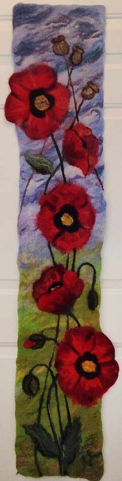 Poppies Tapestry, 12" x 66" Wet felted wool and silk fibres. 2015