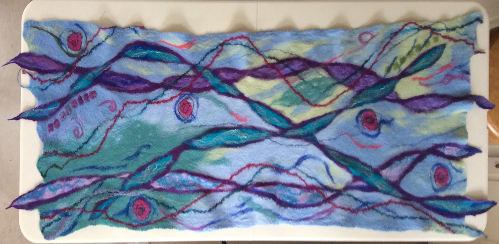 This is a large shawl 6' long by 2.5' wide. Merino, corriedale and alpaca wools, silks, yarns. $275 To purchase, please contact me !
