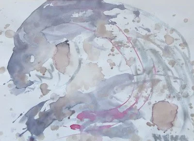  Megalodon #1, hibiscus tea, oil pastel, acai, beet and pomegranate/blueberry juices on paper, 12x9”, 2023 