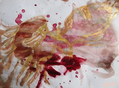   Phoenix #1 , oil pastels, acai, beet and pomegranate/blueberry juices on paper, 12x9”, 2023 