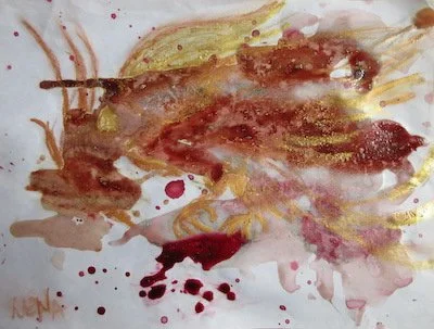   Phoenix #2 , oil pastels, acai, beet and pomegranate/blueberry juices on paper, 12x9”, 2023 