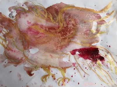   Phoenix #3 , oil pastels, acai, beet and pomegranate/blueberry juices on paper, 12x9”, 2023 