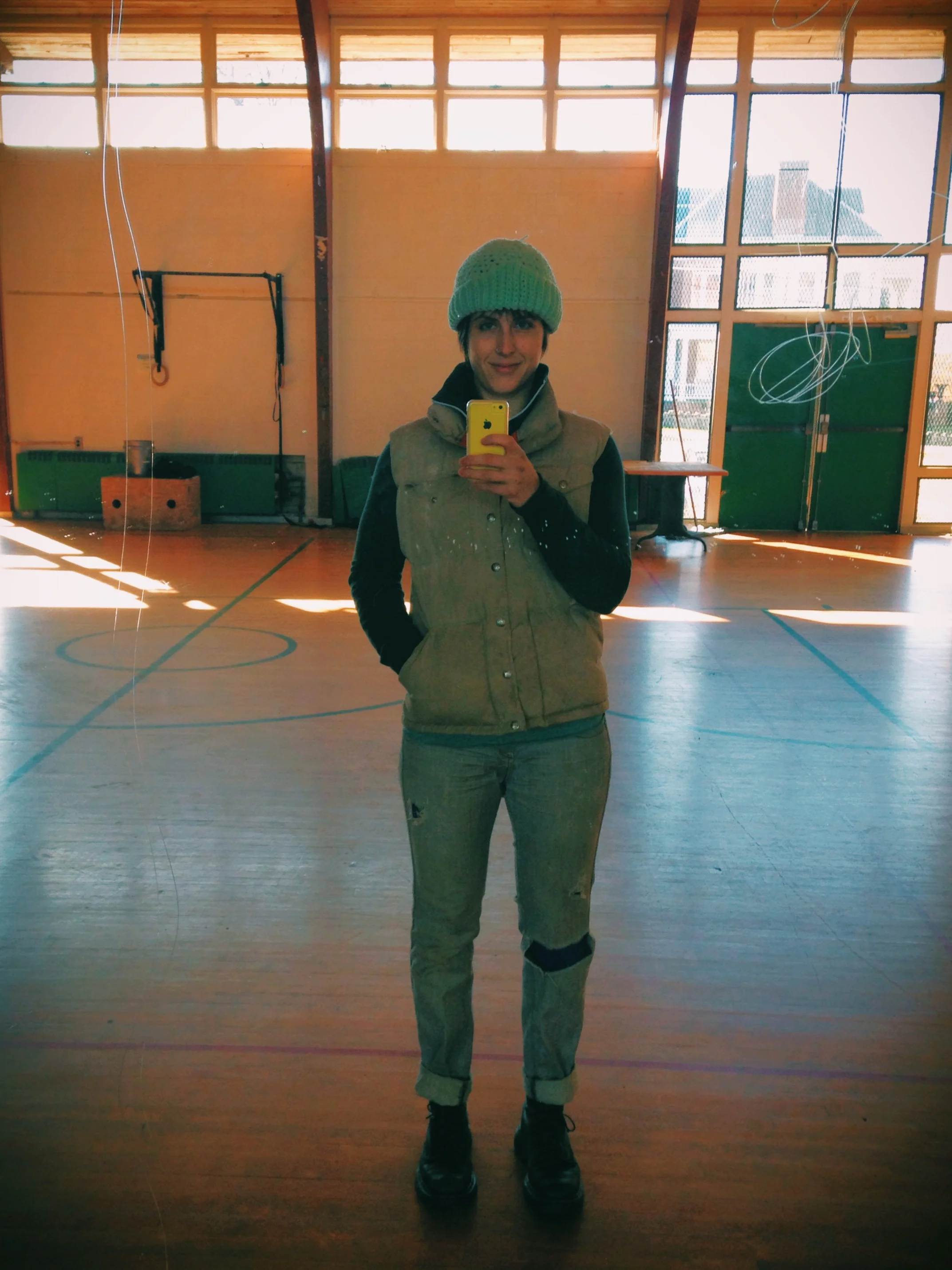 Here I am, in the gym again and ready to start demo down in the yoga-studio-to-be. Zero articles of clothing pictured here remained unscathed by paint, tears and utter desecration through three months of demolition and construction.