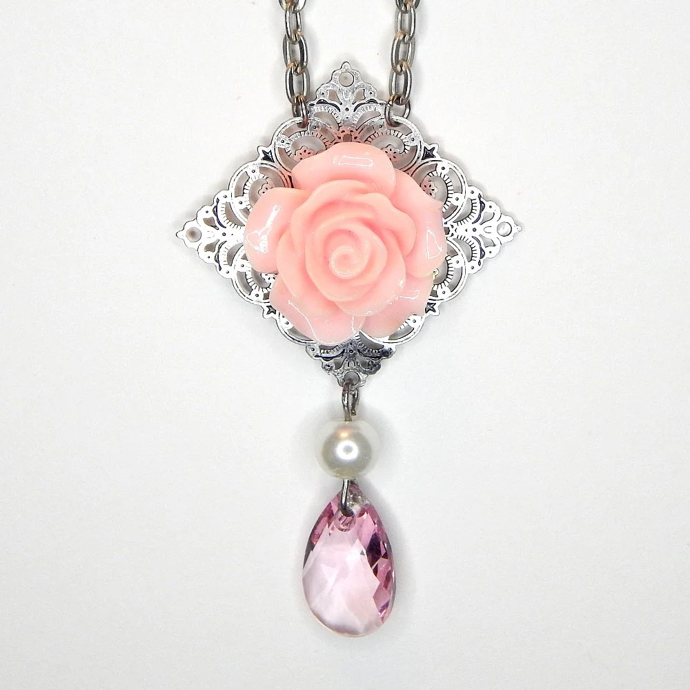 PINK ROSE CRYSTAL DROP NECKLACE
