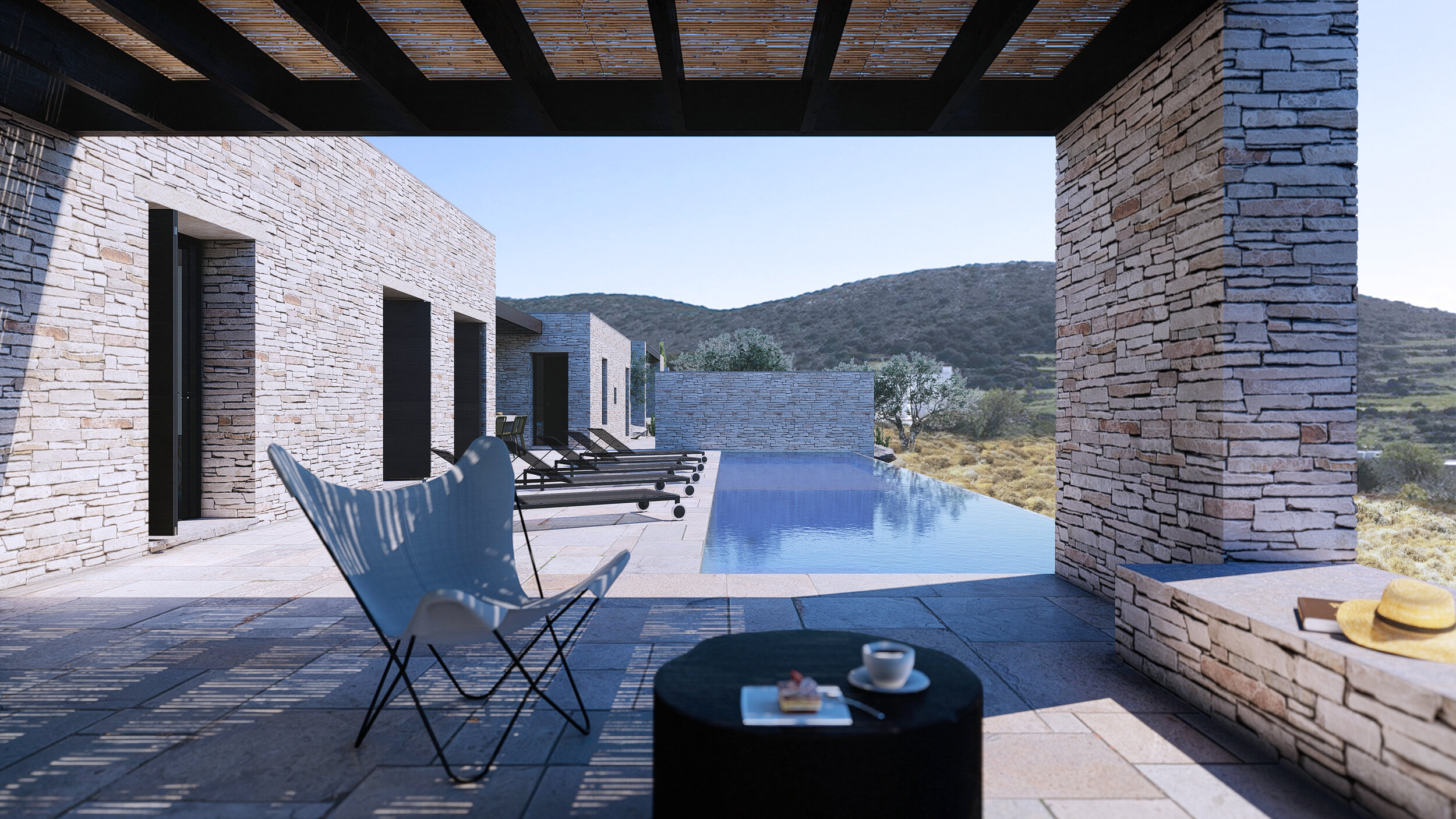 The project consists of a family house of 4, accompanied with lots of guests, designed for summer holidays, and covers a total area of around 300 m2 of enclosed space. The plot is facing south east and the volumes are positioned in longitude directi