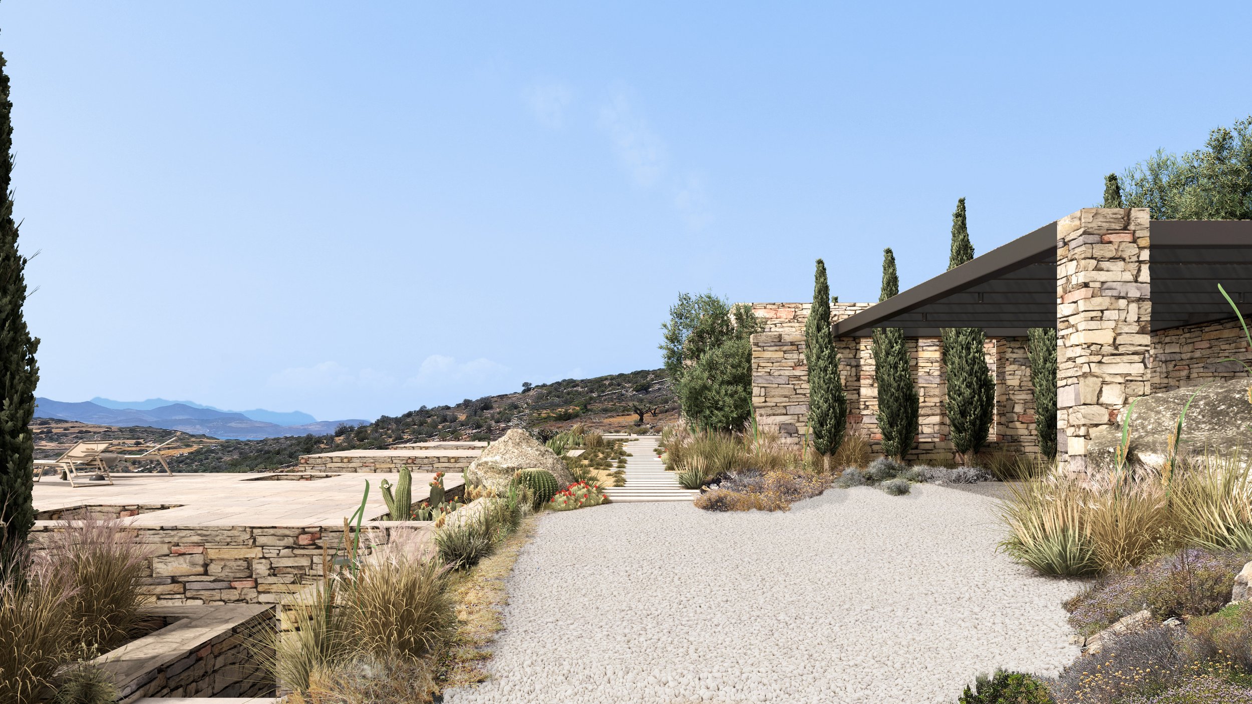 The design involves a ground floor house in different volumes formulating one line, expanding in 2 main levels. It is designed to cater for a large family as well as their visiting guests. The upper level houses the main living areas and bedrooms an