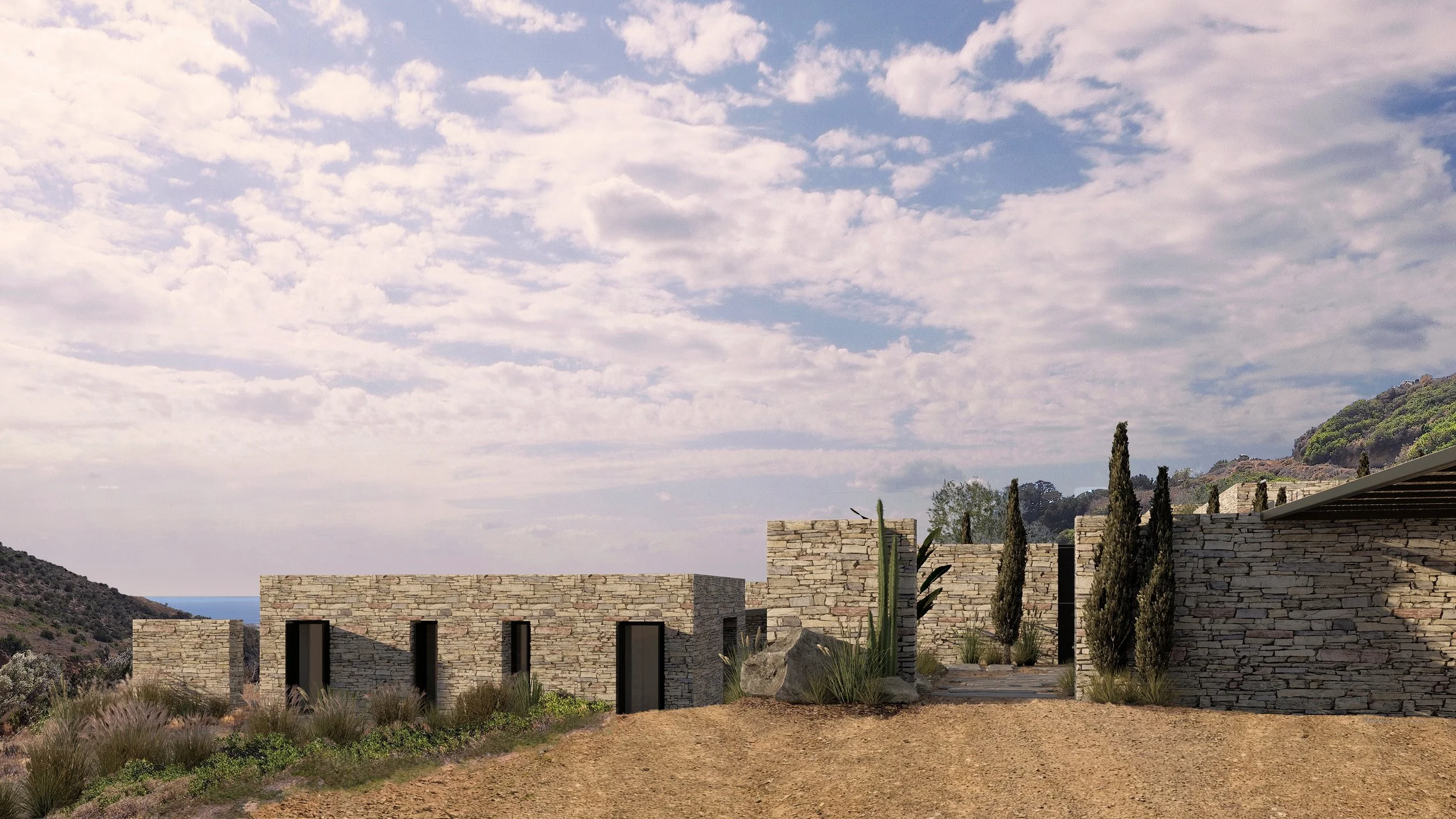  The steeply sloped plot high in the mountains above Aspro Chorio, Paros presented the primary challenge for the design. The house is arranged in two volumes set at different levels and embedded into the rocky landscape. Oriented toward the East, bot