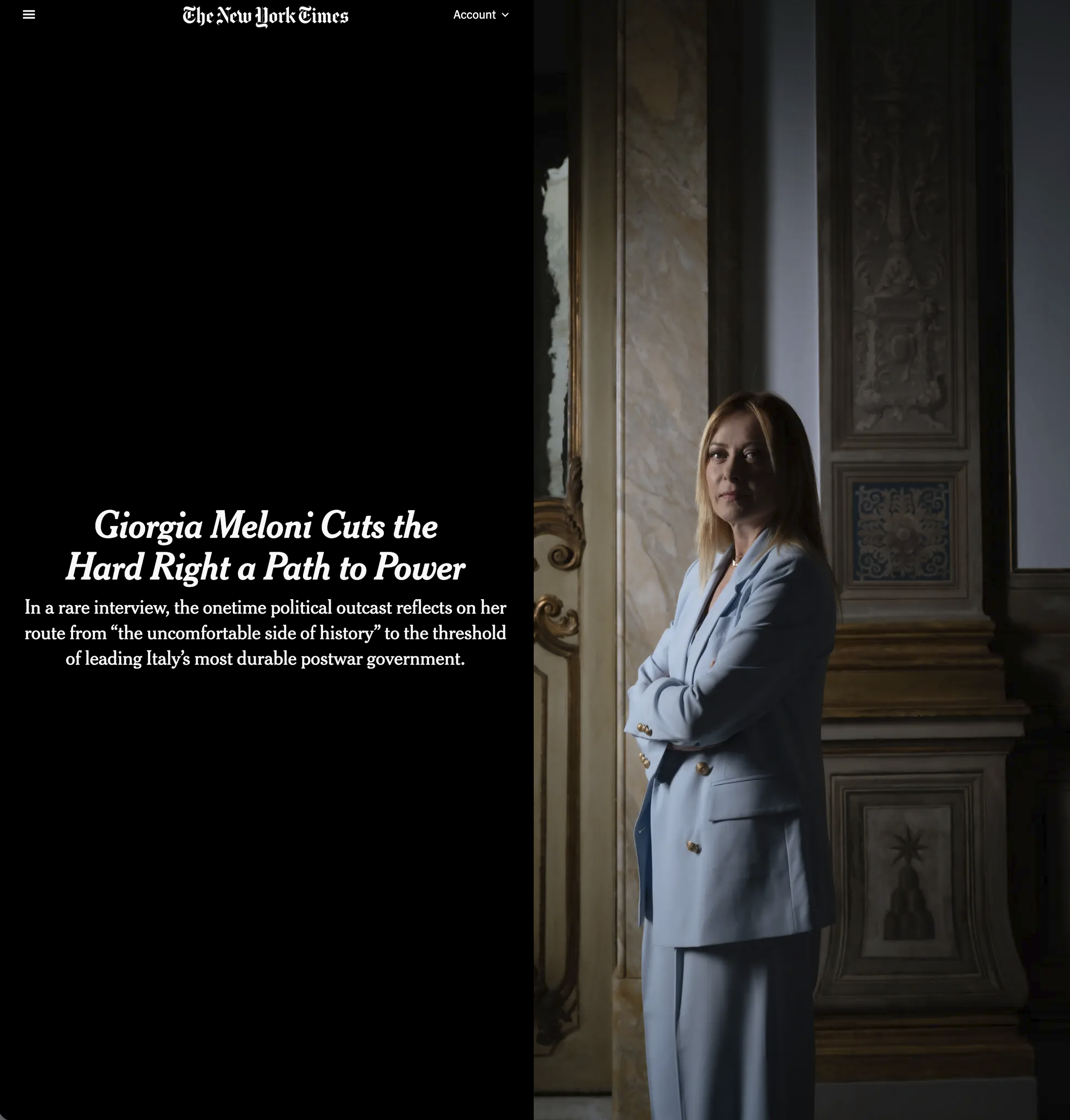 Prime Minister Giorgia Meloni for the New York Times