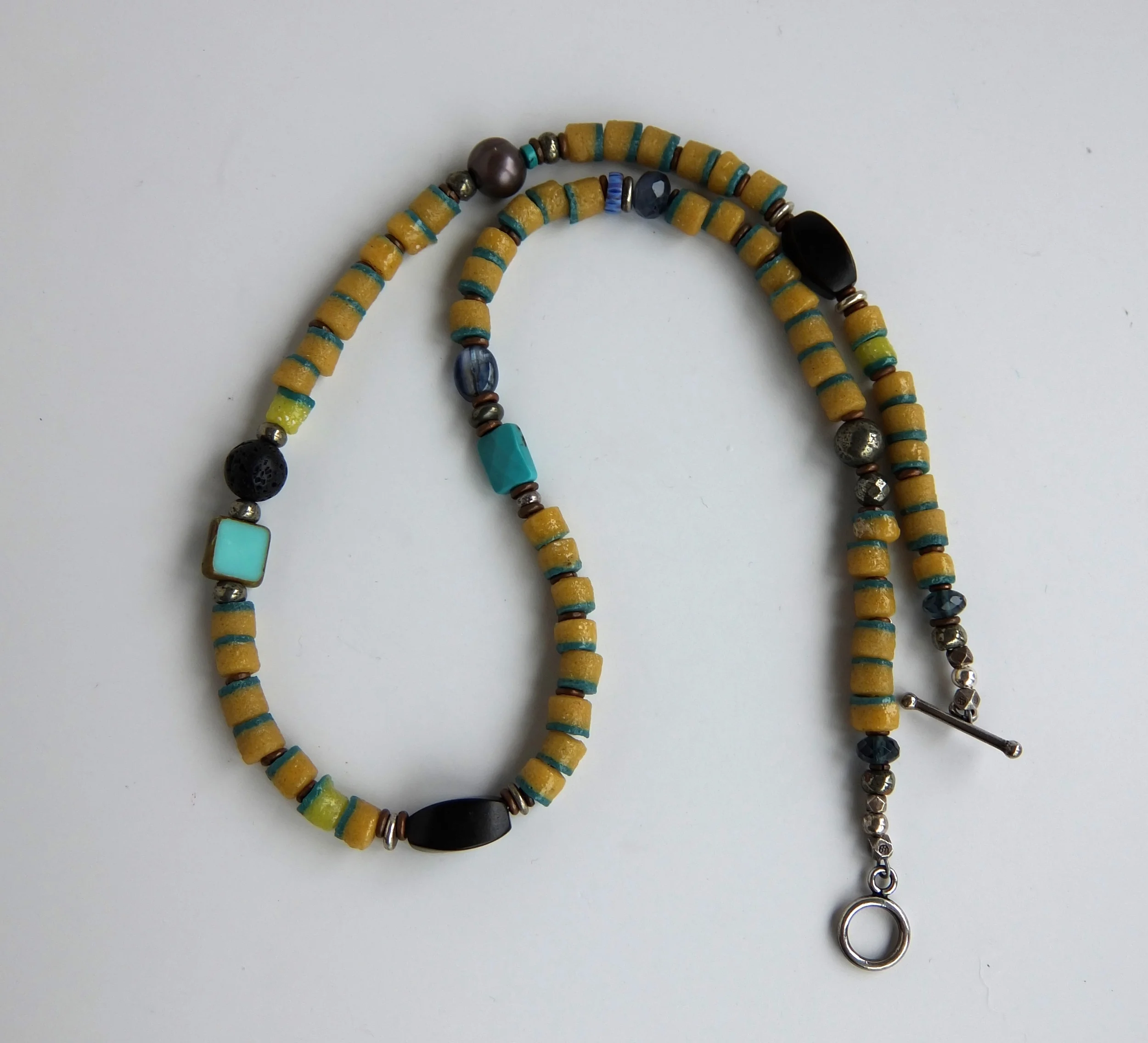 Turquoise and Mustard Sandcast Glass Bead Necklace