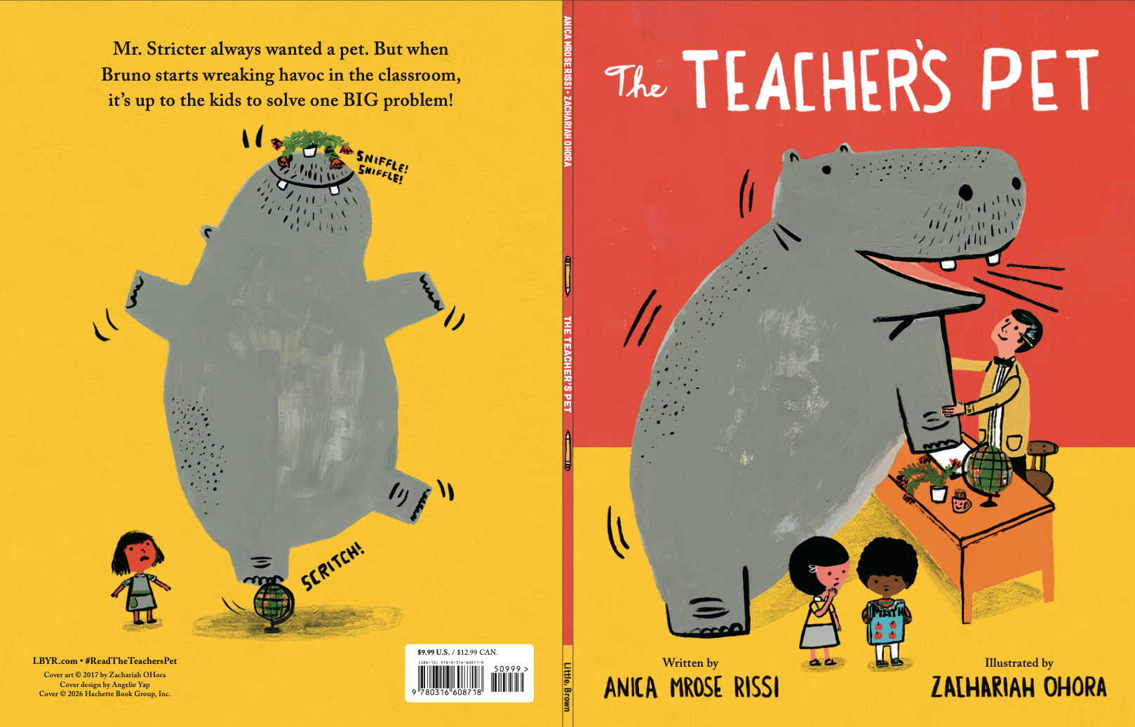 Paperback cover of The Teacher's Pet by Anica Mrose Rissi and Zachariah OHora, featuring a hippo making trouble in the classroom.