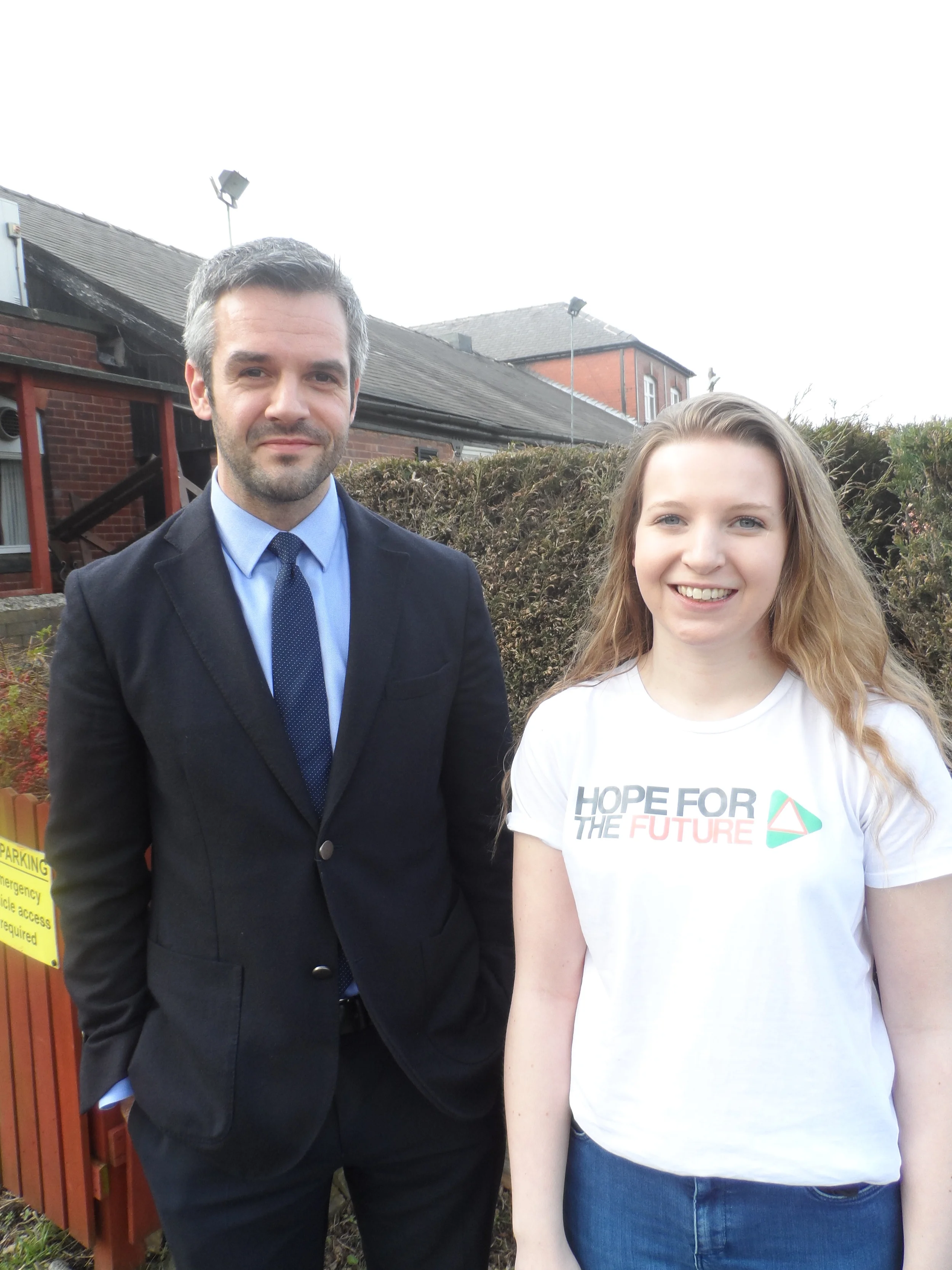 Hope for the Future researcher, Laura, meeting with Labour Sheffield Hallam candidate Oliver Coppard to discuss support for ecohomes and Eco-schools. 