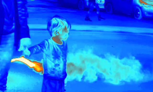 Thermal imaging shows how children’s shorter height places them closer to passing exhaust fumes. Photograph: FLIR/Global Action Plan