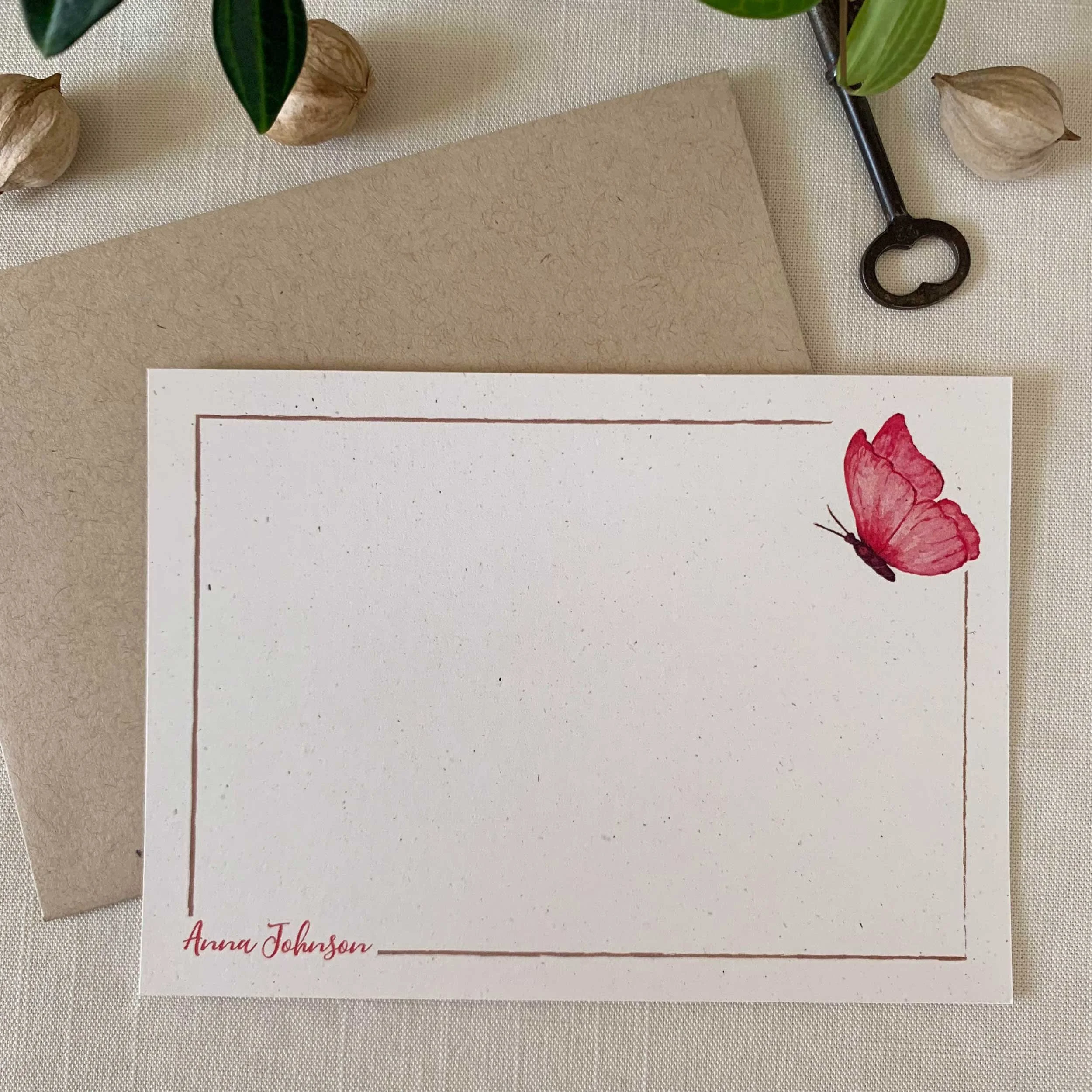 Pink Butterfly Personalized Notecard Set