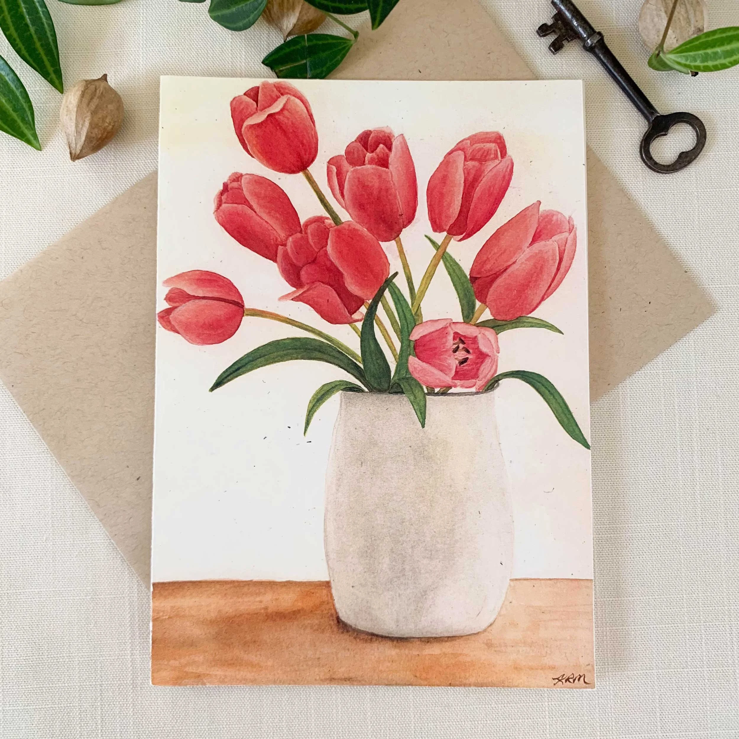 Pink Tulips In Vase Still Life Frameable Greeting Card
