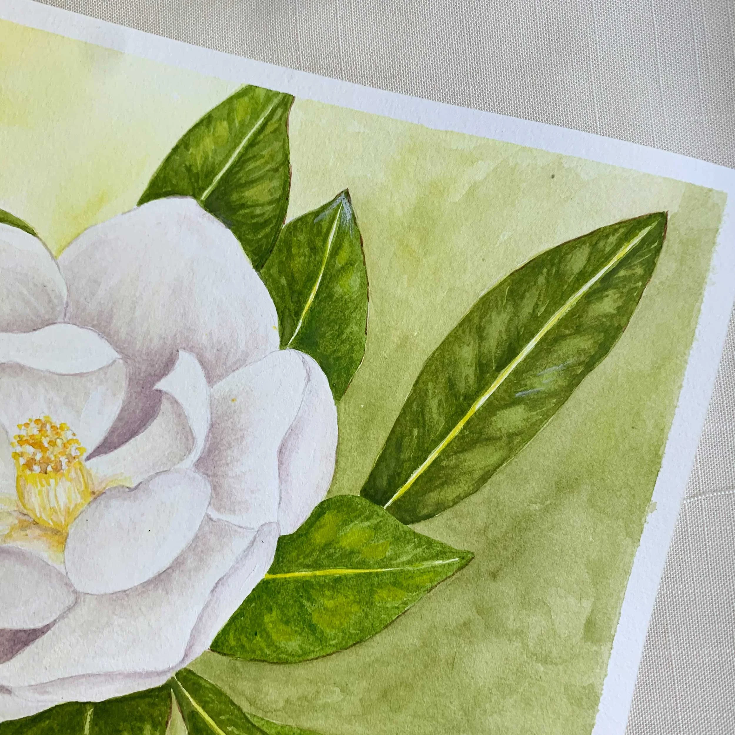 White Magnolia Flower Original Watercolor Painting Detail