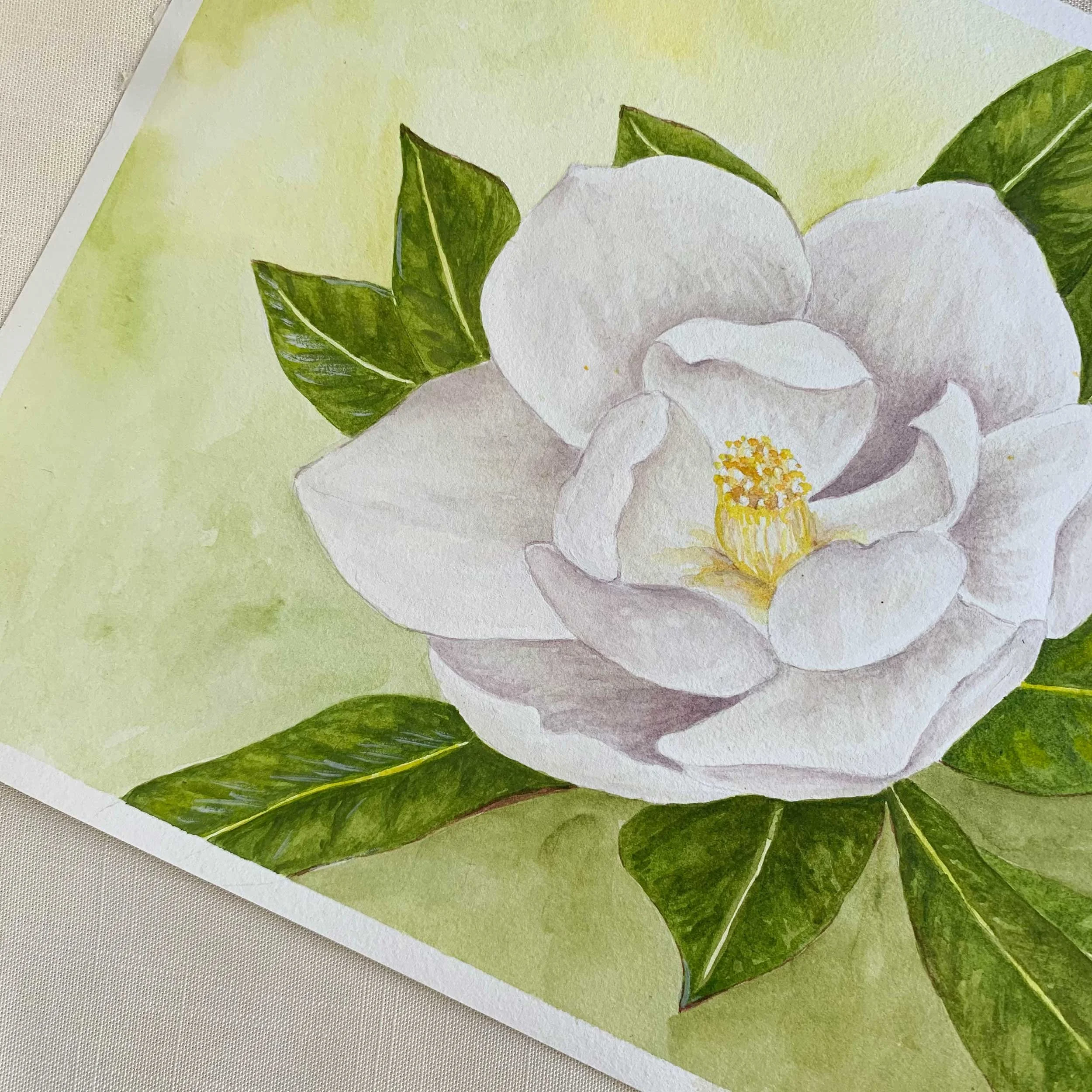 White Magnolia Flower Original Watercolor Painting Detail