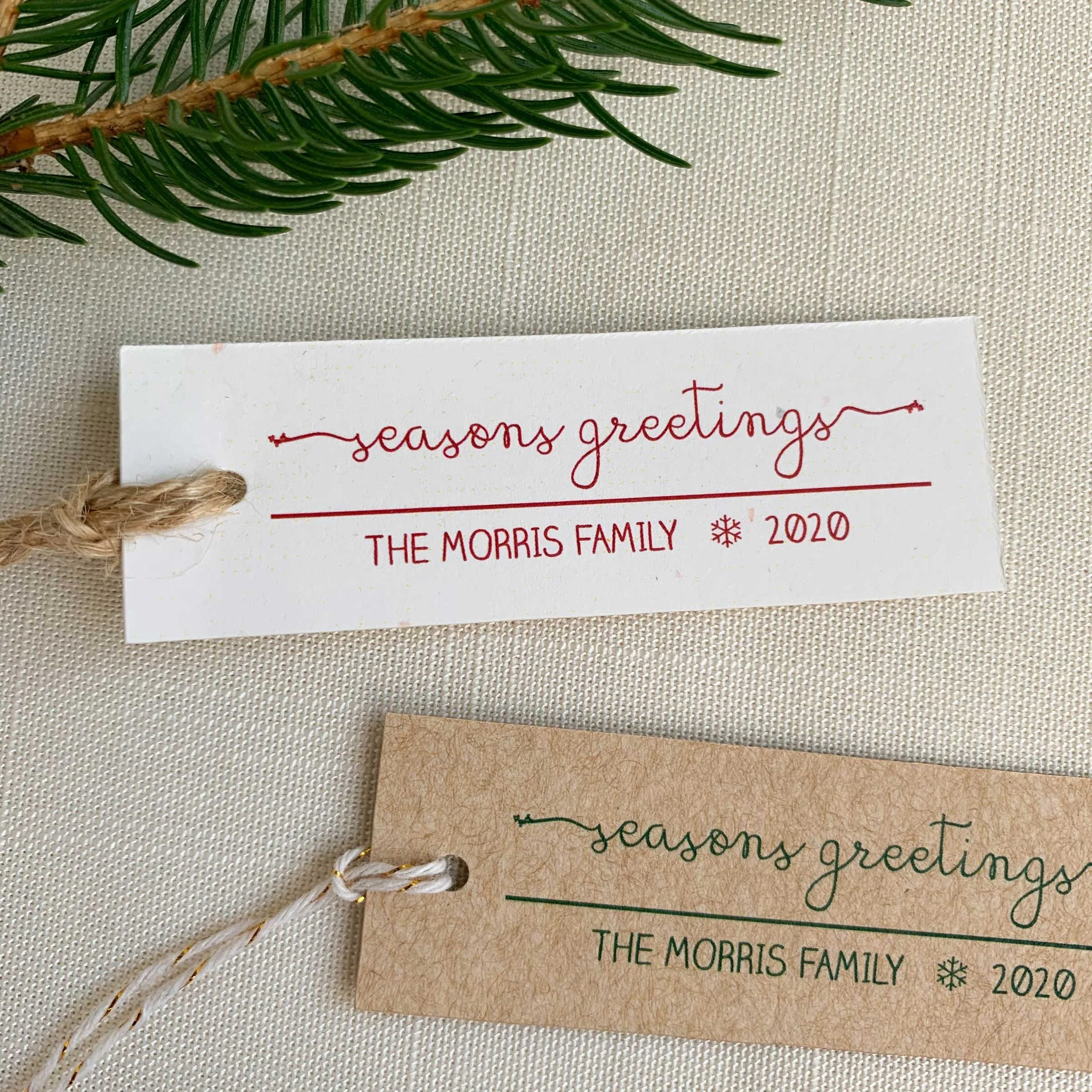 Seasons Greetings Personalized Gift Tags printed on recycled paper
