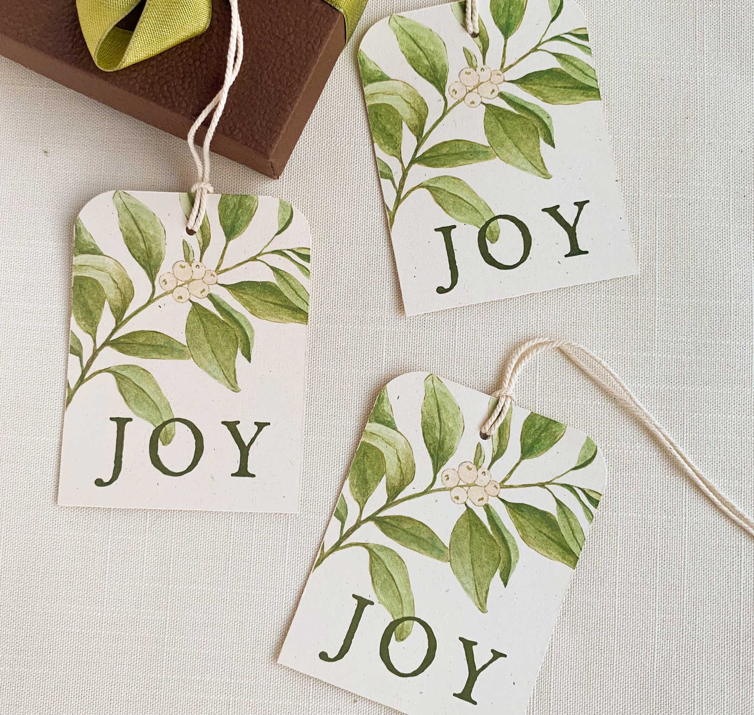 Joy White Berry Watercolor Gift Tags printed on recycle paper