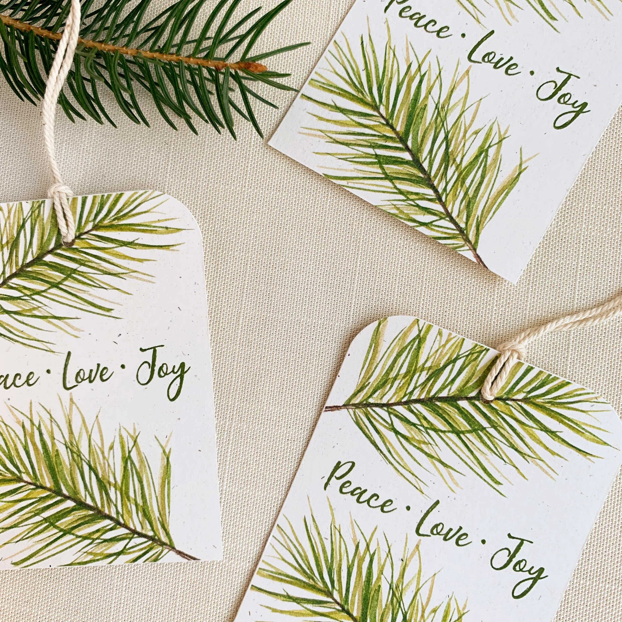 Peace, Love, Joy Evergreen Gift Tags printed on recycle paper