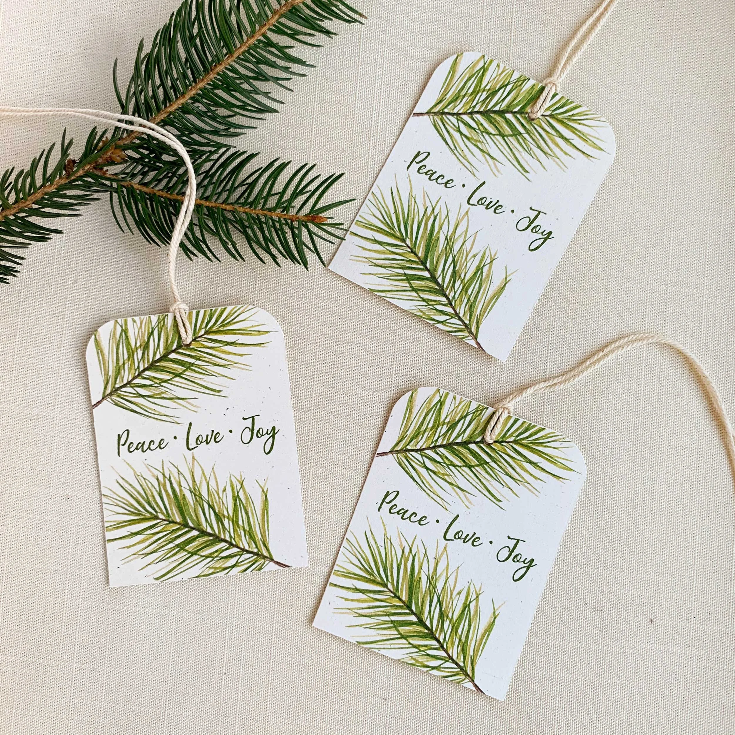 Peace, Love, Joy Evergreen Gift Tags with twine tie